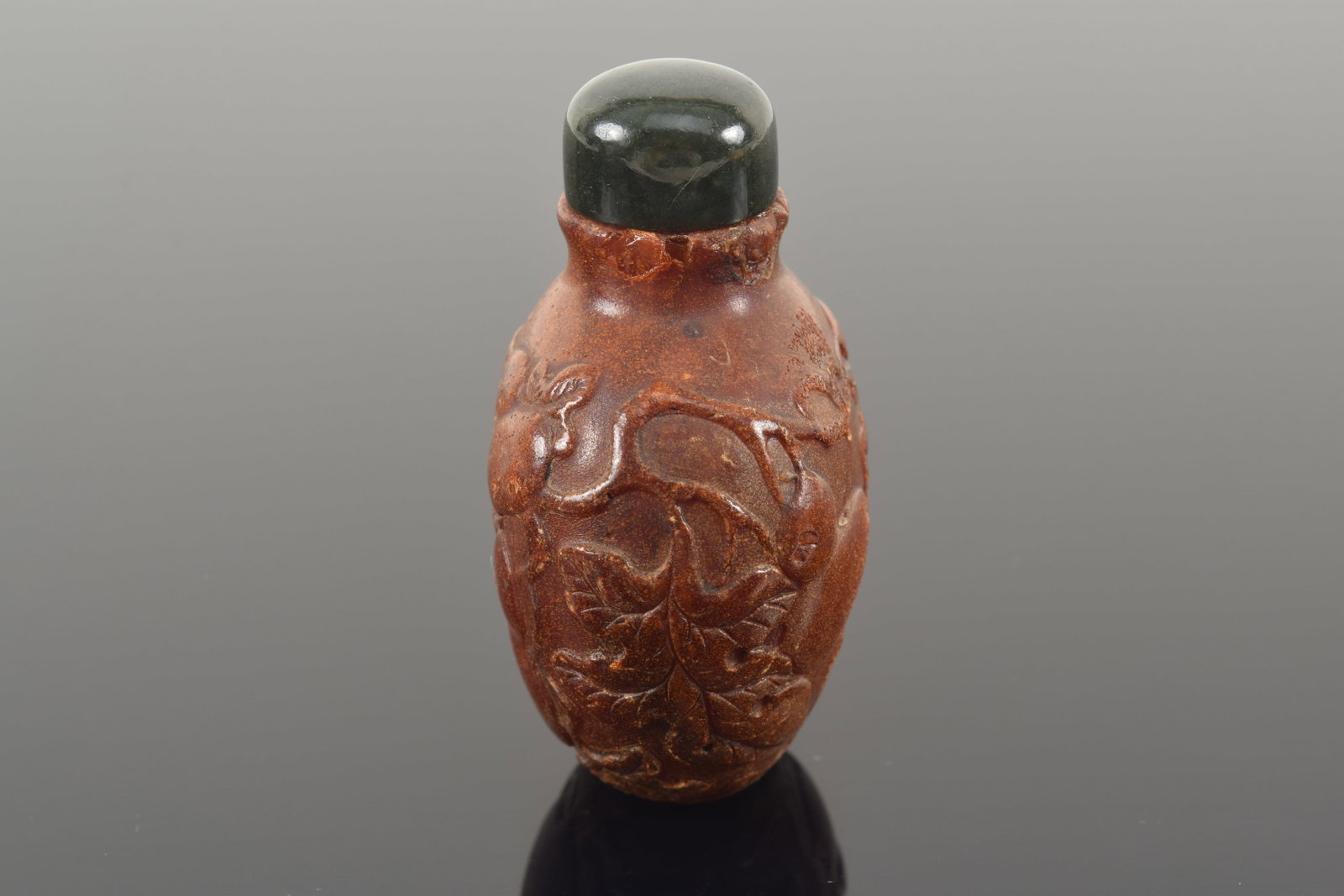 19th century Chinese carved amber snuff bottle. Allover fruit decoration. Chips around top rim. - 4