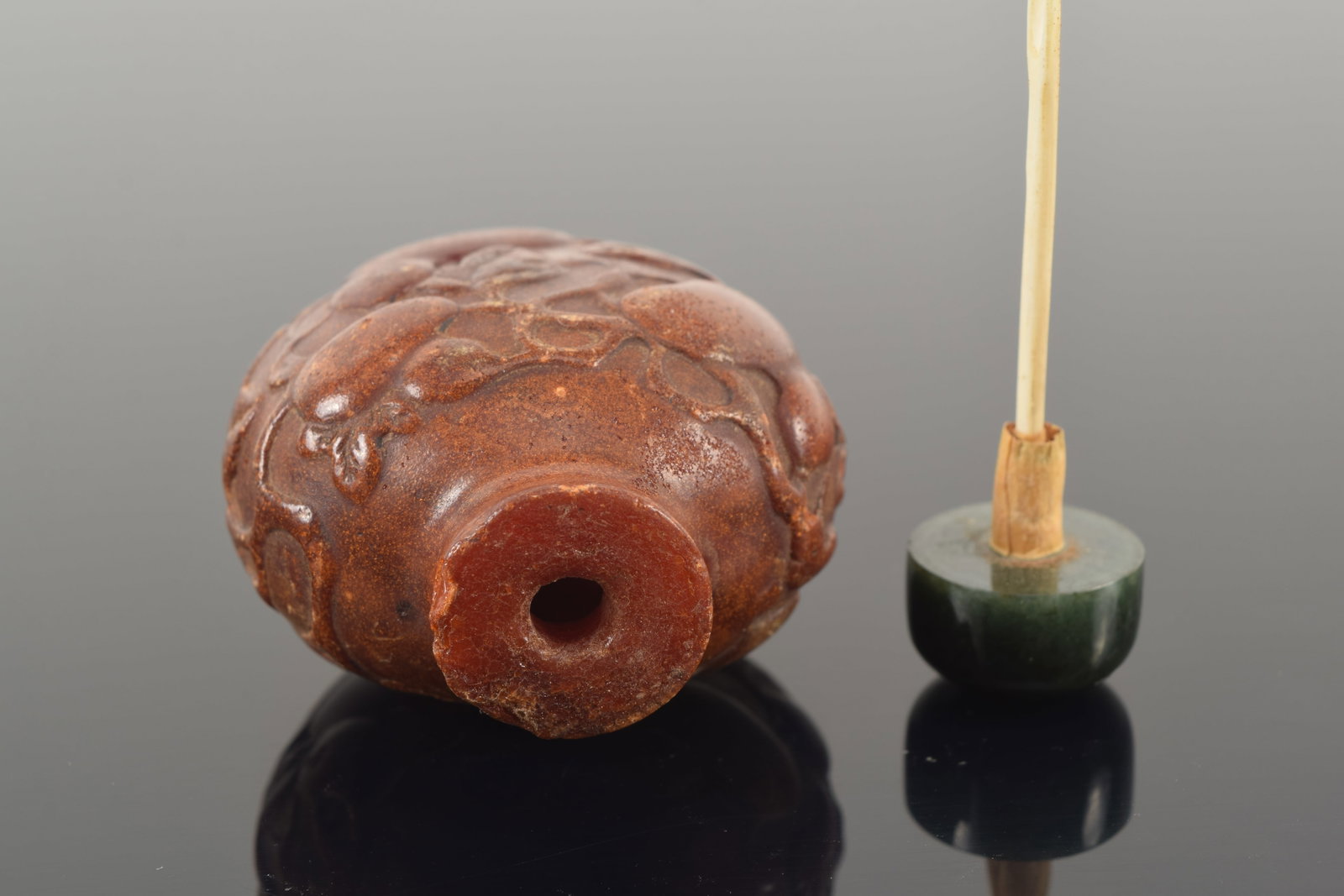 19th century Chinese carved amber snuff bottle. Allover fruit decoration. Chips around top rim. - 5