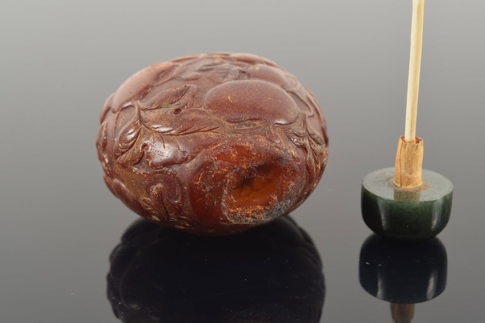 19th century Chinese carved amber snuff bottle. Allover fruit decoration. Chips around top rim. - 6