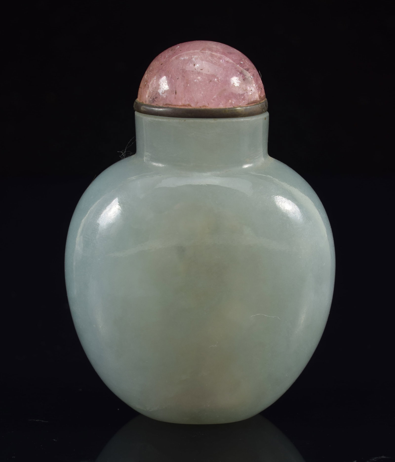 19th century Chinese heavy jadeite snuff bottle. Blue-green color with a pink quartz stopper. 2 (1 of 8)