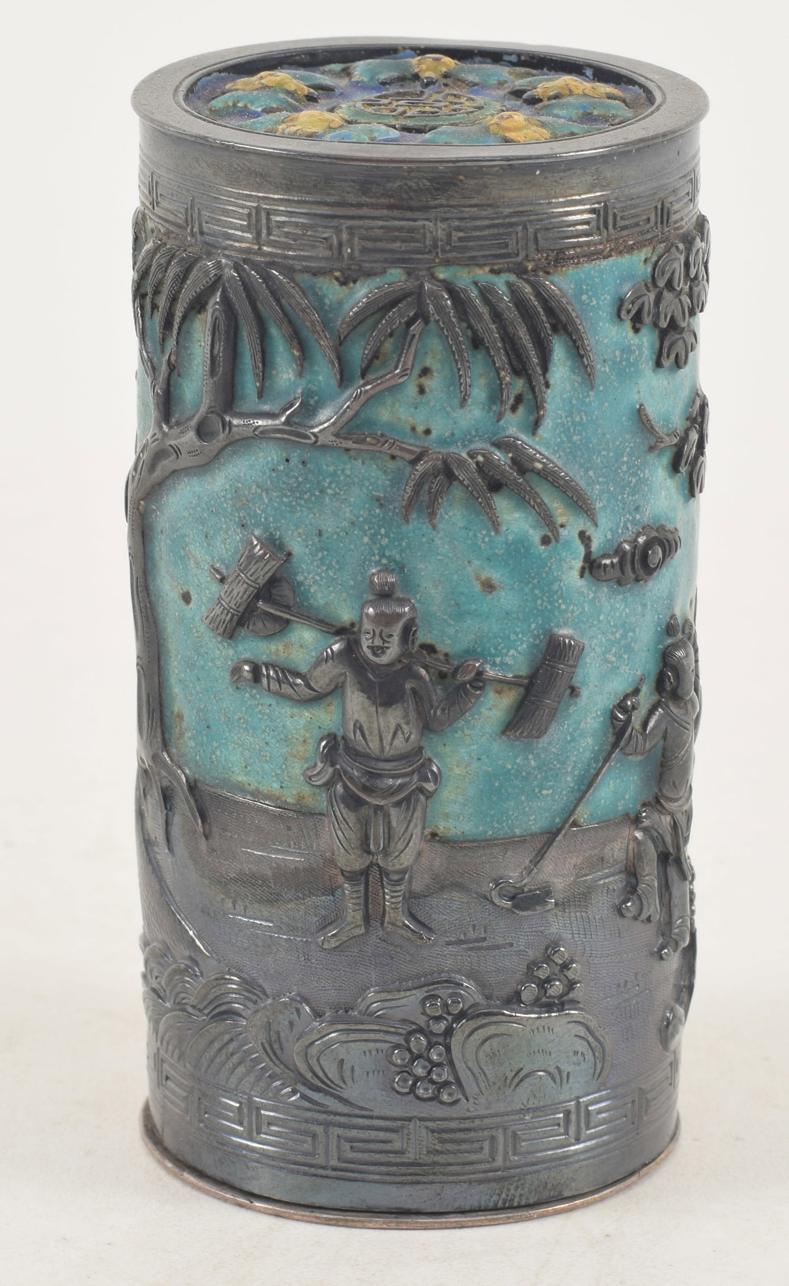 19th century Chinese enameled silver cylinder container. Removable outer cylinder with blue enamel (1 of 8)