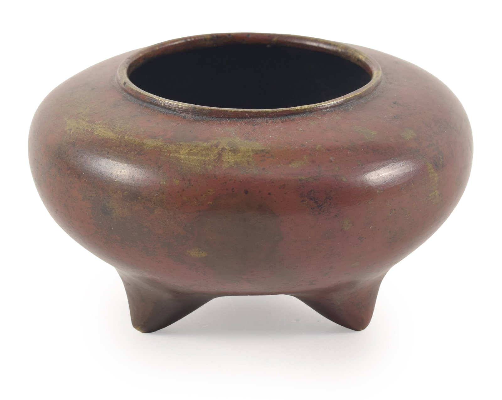 19th century or earlier Asian bronze tripod base censer with red patina. 4in diameter. (1 of 6)