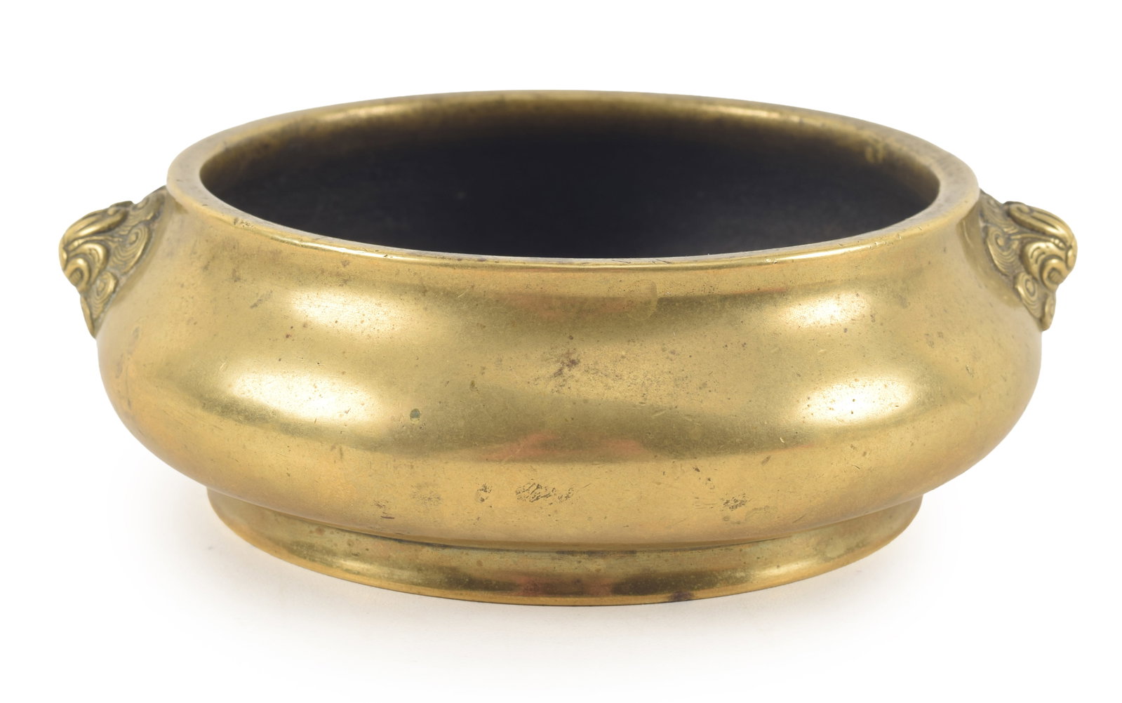 18th century or earlier Chinese gilt bronze censer. Lion mask head handles. Xuande mark on base. (1 of 6)