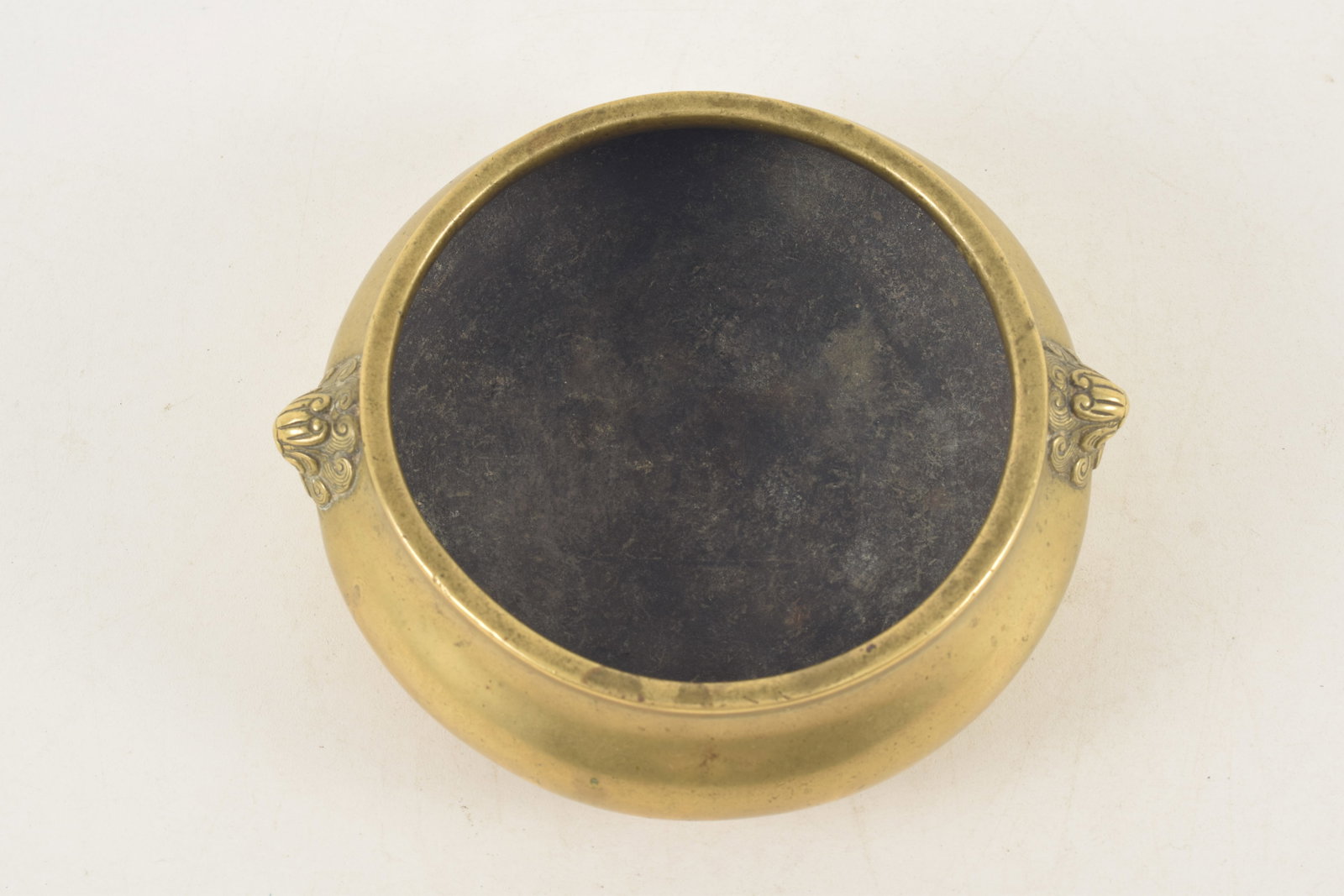 18th century or earlier Chinese gilt bronze censer. Lion mask head handles. Xuande mark on base. - 2