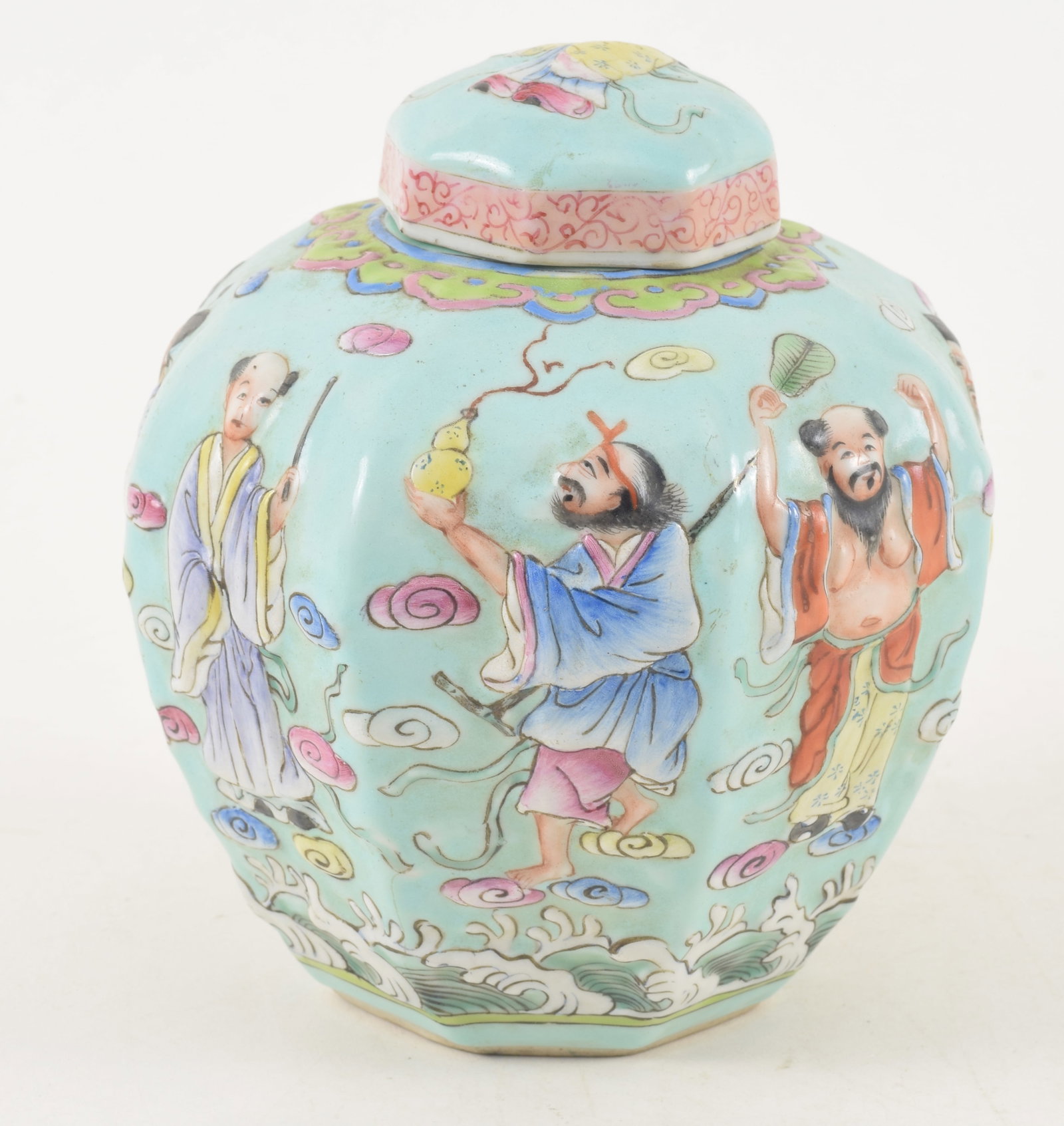 19th/20th century Chinese turquoise ground octagonal form covered jar. Relief figural decorated (1 of 7)