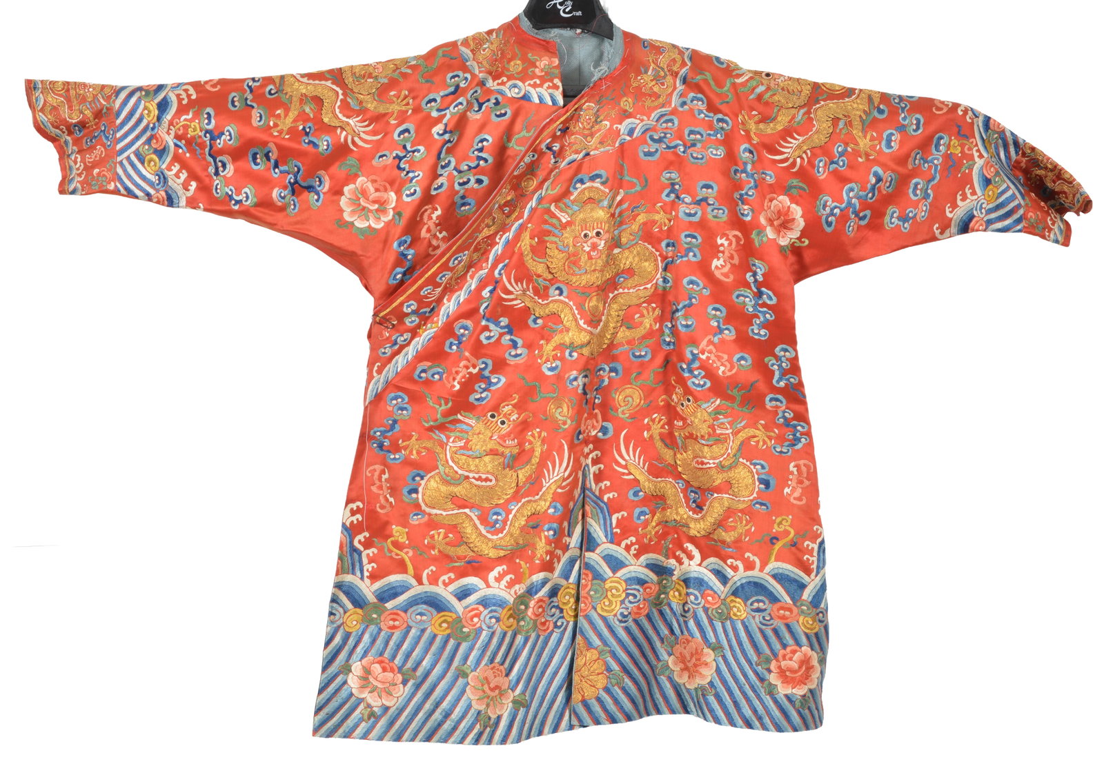 Late 19th century Chinese plum ground silk embroidered woman's court robe. Figural sleeve panels.: Late 19th century Chinese plum ground silk embroidered woman's court robe. Figural sleeve panels. Butterflies, flowers, and figures overall. Plum ground with hand stitched geometric and floral design.
