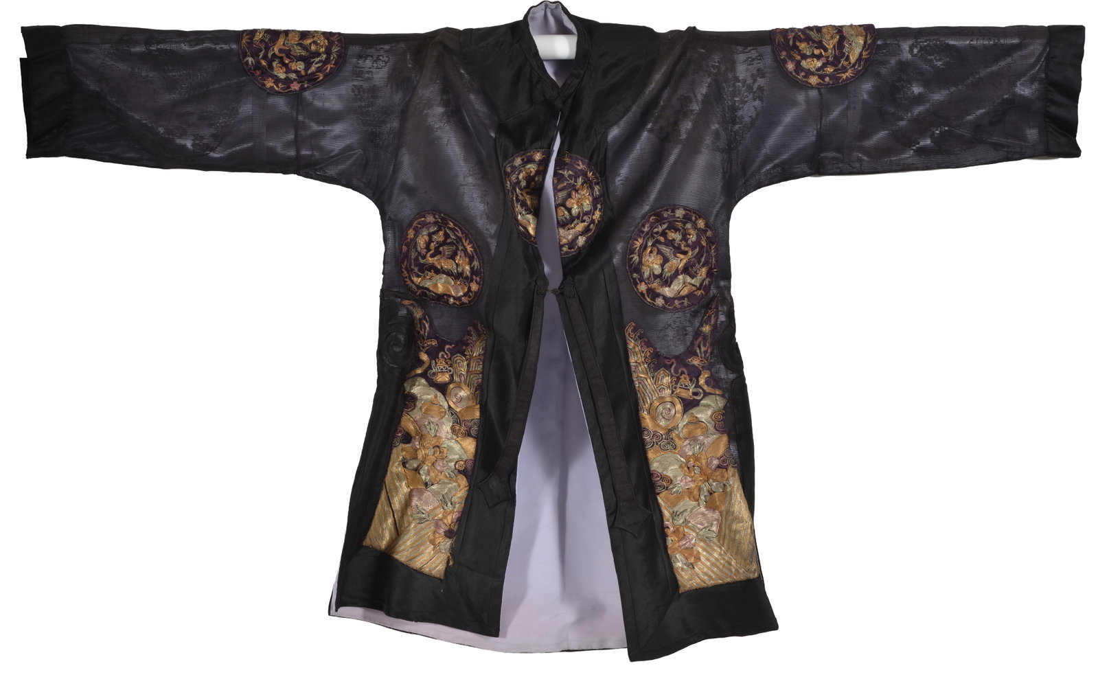 Chinese embroidered robe, early 20th century. Elaborate gold thread crane decorated roundels and: Chinese embroidered robe, early 20th century. Elaborate gold thread crane decorated roundels and landscape patches on a semi-transparent black material.