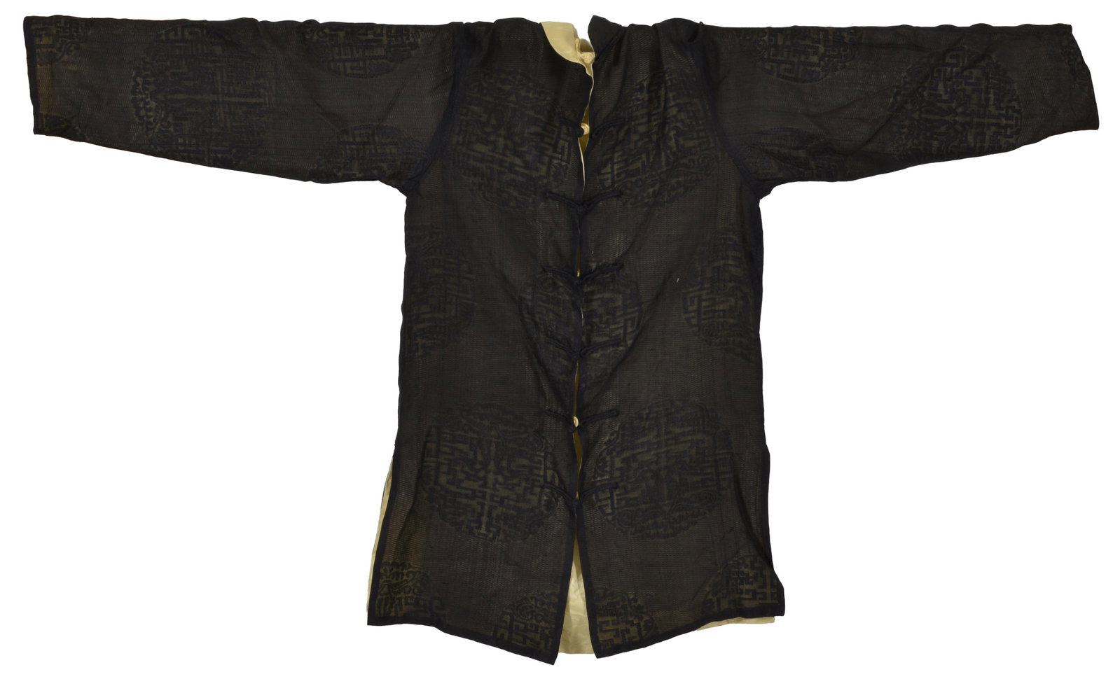 19th/20th century fine woven Chinese silk robe. Outer transparent black woven material with Chinese (1 of 12)
