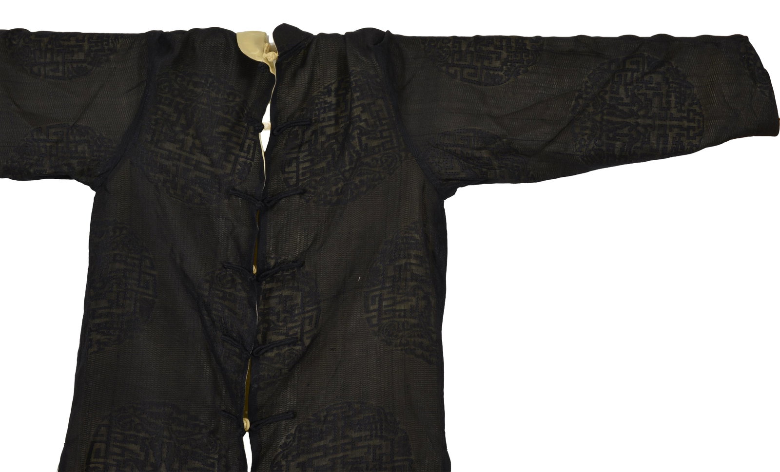 19th/20th century fine woven Chinese silk robe. Outer transparent black woven material with Chinese - 2