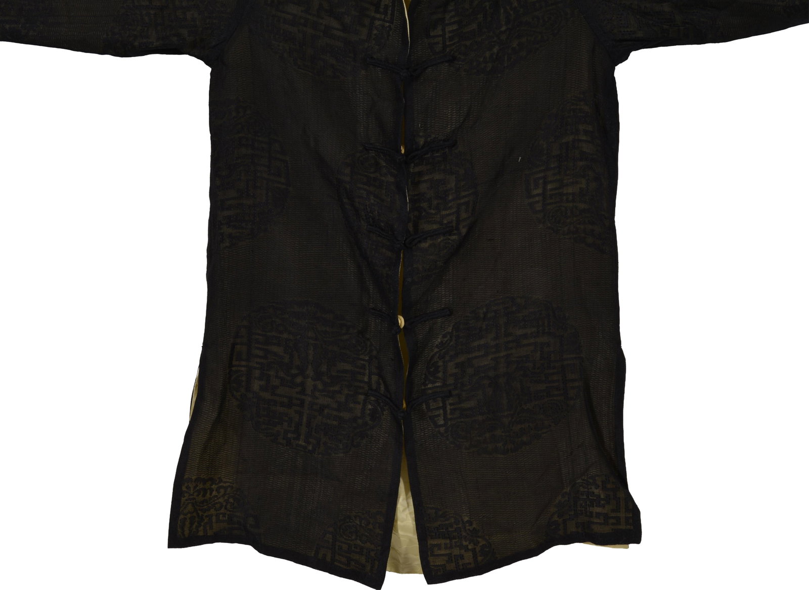 19th/20th century fine woven Chinese silk robe. Outer transparent black woven material with Chinese - 3