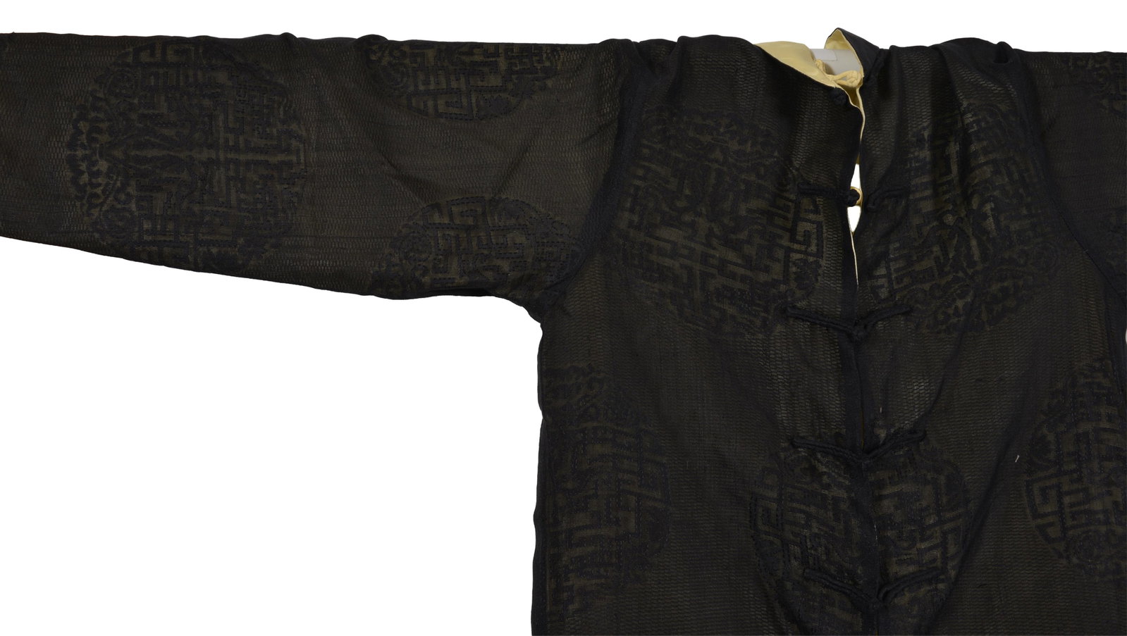 19th/20th century fine woven Chinese silk robe. Outer transparent black woven material with Chinese - 4