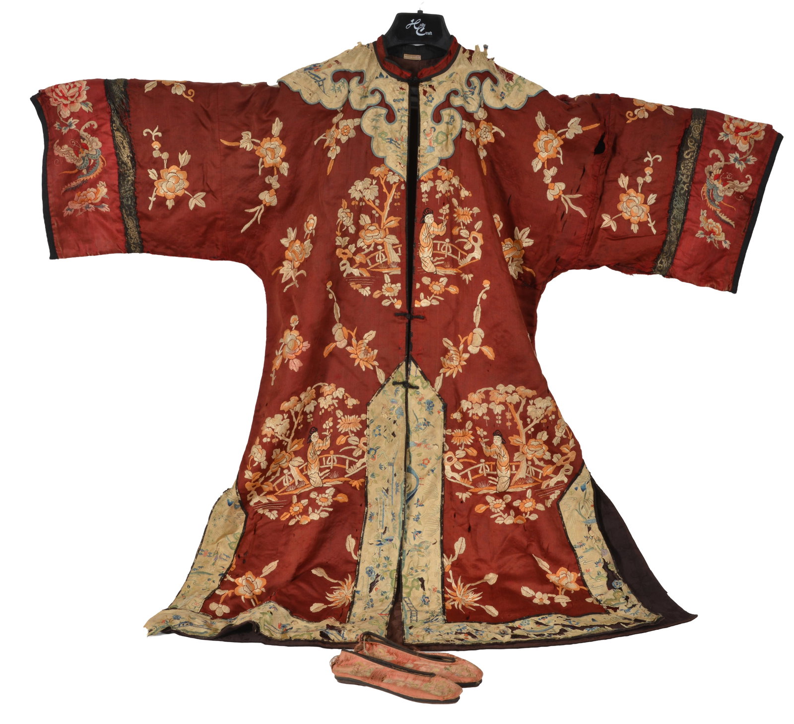 Early 20th century Chinese silk robe and shoes. Robe with floral and figural embroidered decoration (1 of 15)