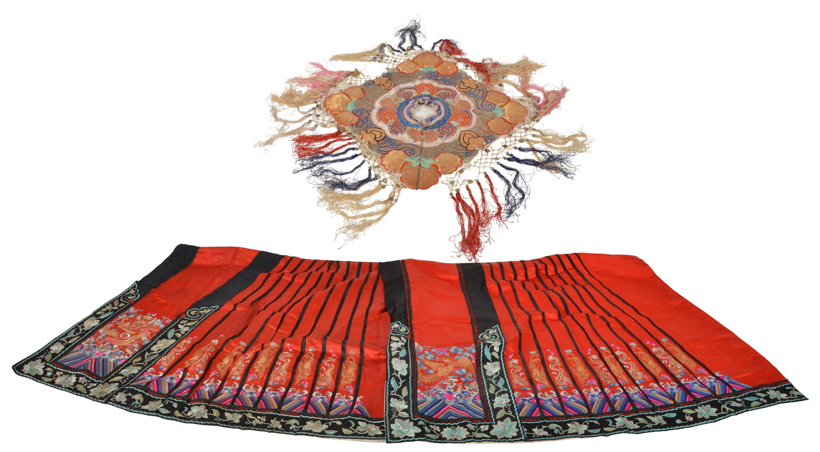 2 Chinese textiles. 1) Silk embroidered skirt. Flowers and dragons on red ground with black borders. (1 of 4)