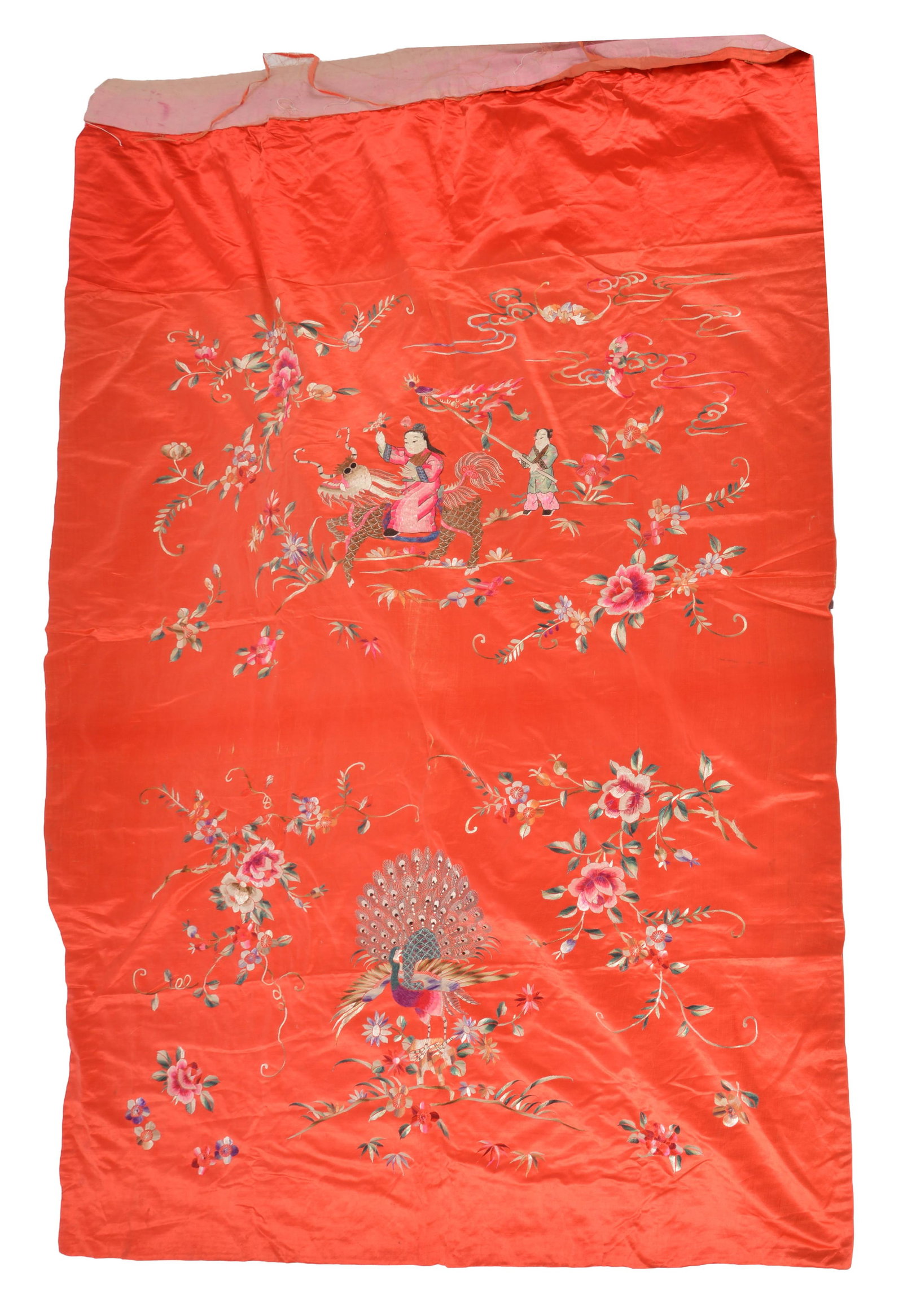 Chinese silk embroidered textile. Figural and floral decoration on a red ground. 72 x 46in. (1 of 5)