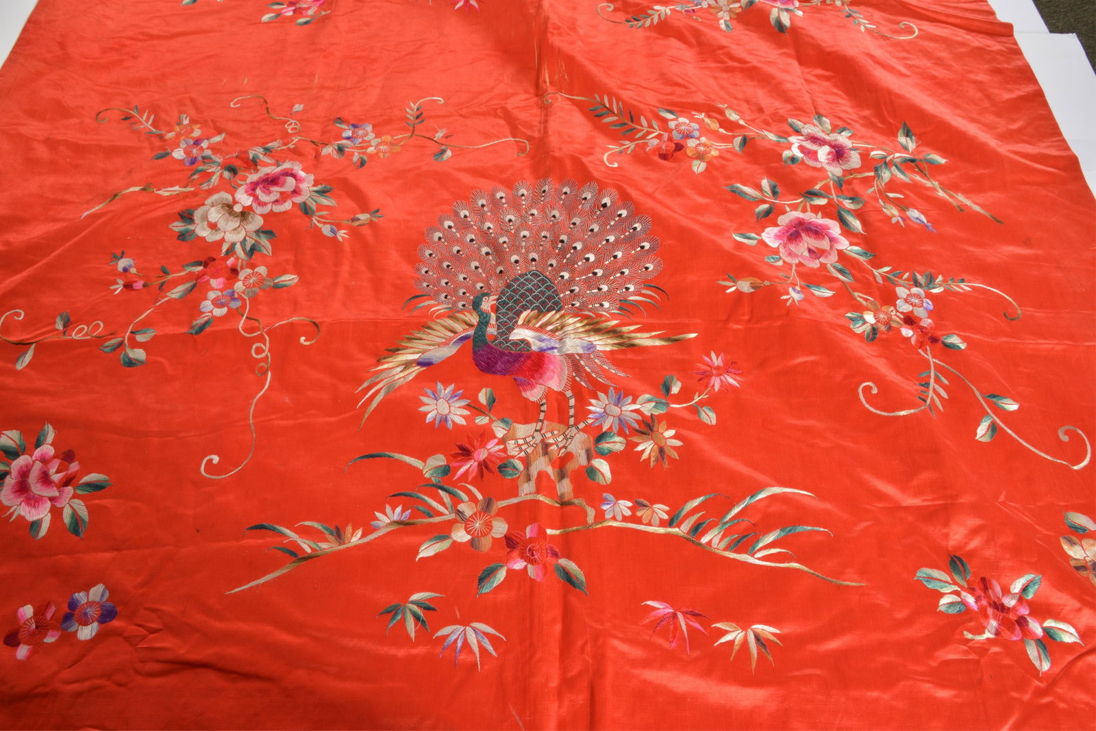 Chinese silk embroidered textile. Figural and floral decoration on a red ground. 72 x 46in. - 4