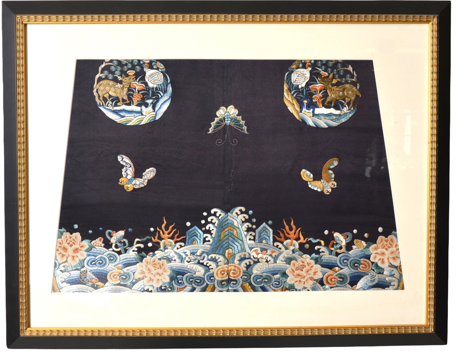 19th century Chinese silk embroidered panel with roundels of deer in landscapes, and butterflies. (1 of 6)