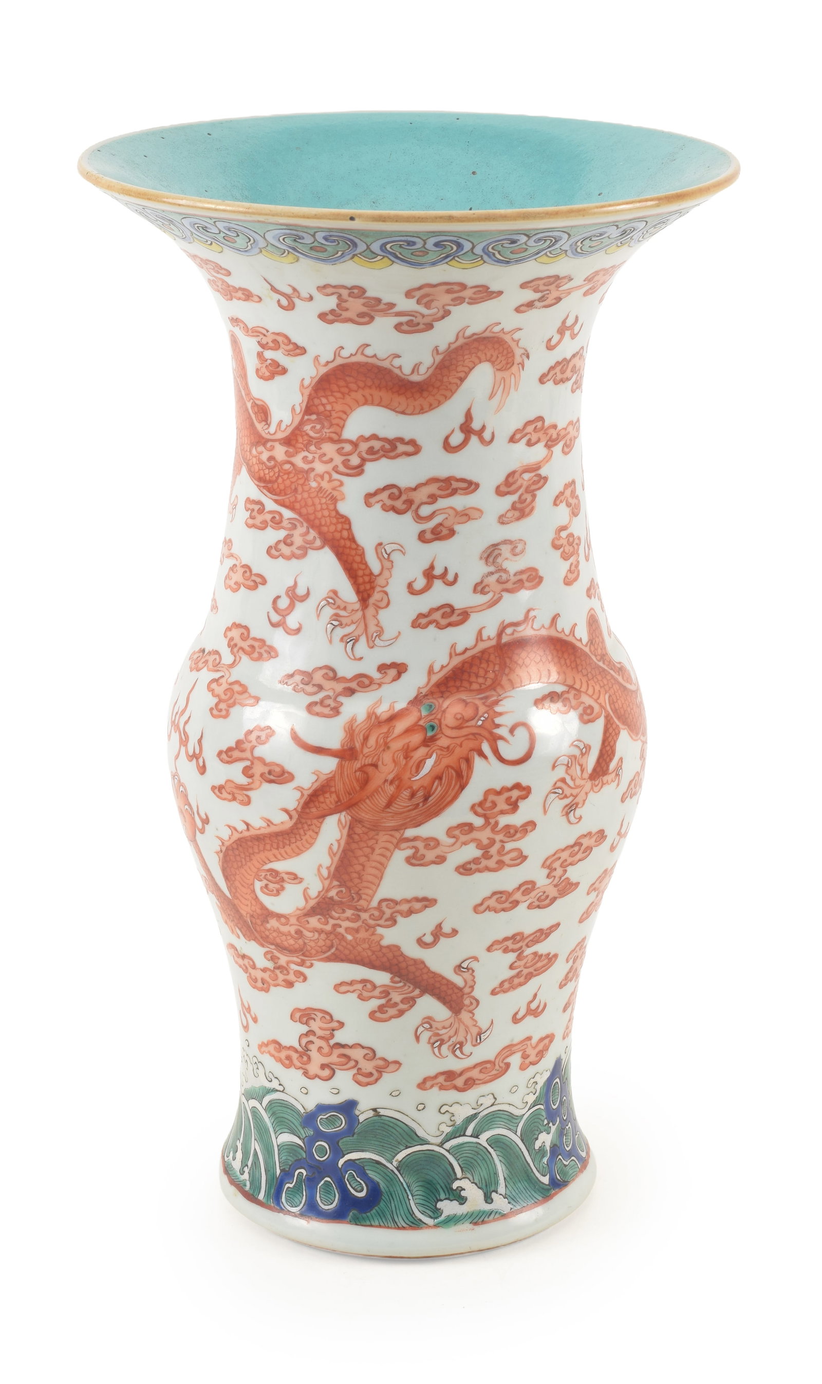 Porcelain vase. China. 19th century. Beaker form. Decoration of iron red dragons, pearls and clouds.: Porcelain vase. China. 19th century. Beaker form. Decoration of iron red dragons, pearls and clouds. Ju-i borders and wave base. 15.5in high.