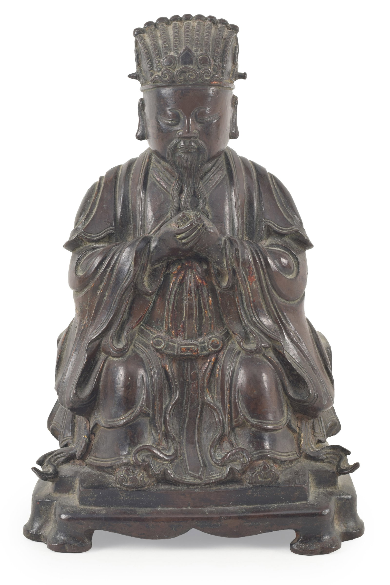 Chinese Ming period heavy bronze of a Taoist deity, possibly Wen Chang. Traces of gilt and lacquer.: Chinese Ming period heavy bronze of a Taoist deity, possibly Wen Chang. Traces of gilt and lacquer. Inscription on reverse. 10.25in high.