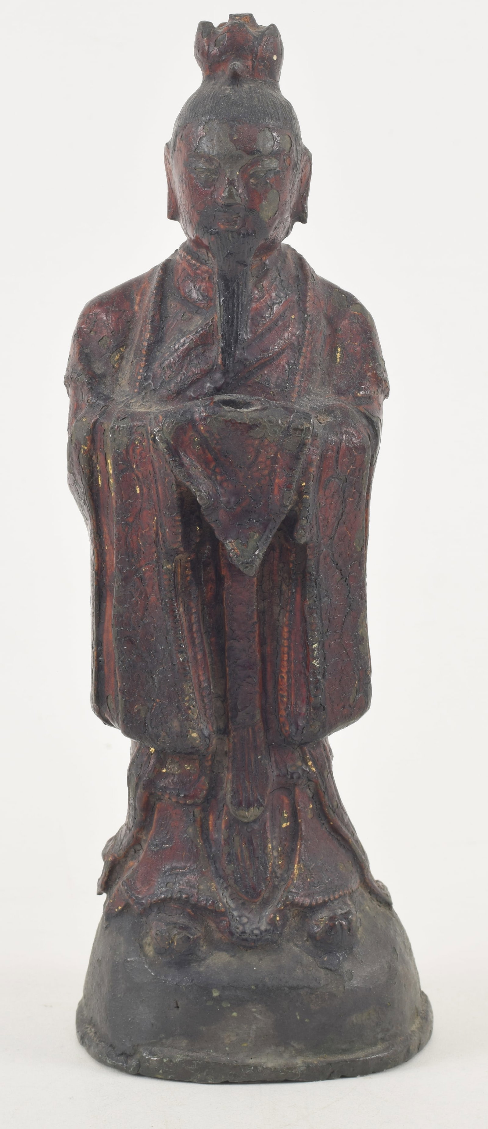 Provincial Chinese Ming dynasty lacquered bronze standing Taoist figure. 9in high. (1 of 6)