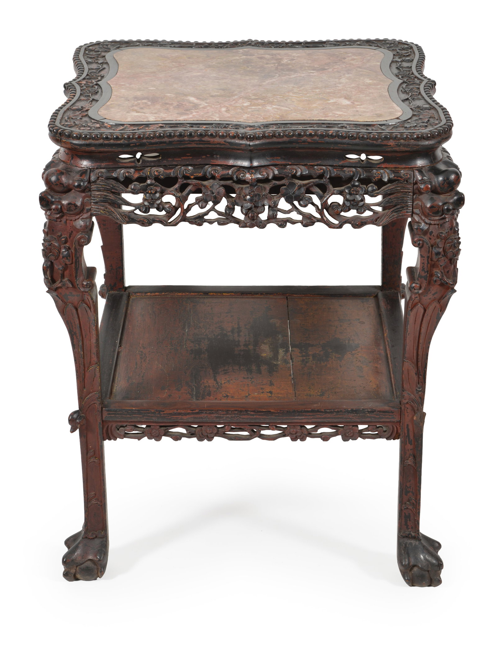 Late 19th Century Chinese carved hardwood and marble top table with carved edge, foliate aprons and (1 of 8)