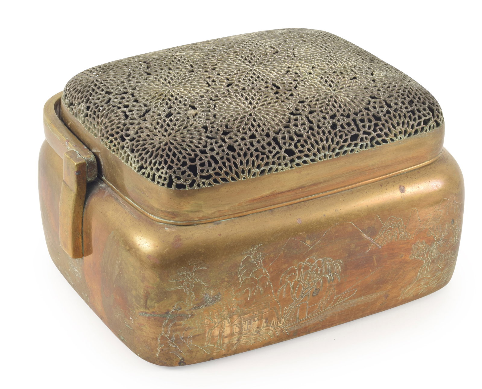 Large 19th century or earlier Chinese bronze hand warmer. Etched landscape decoration with figure of (1 of 9)