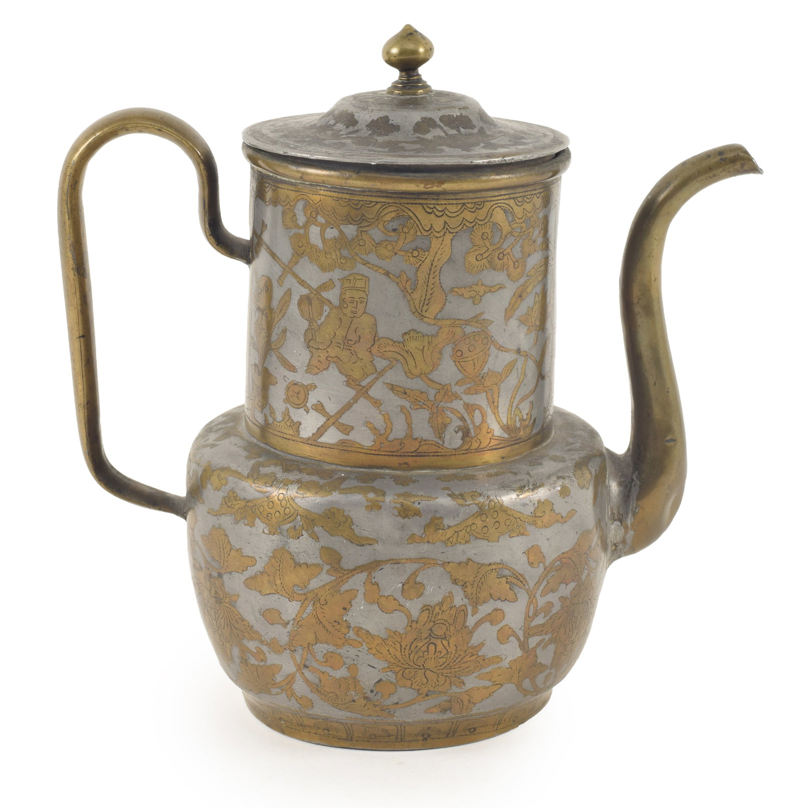 19th century Chinese brass inlaid pewter ewer. Figural landscape decoration. 6.25in high. (1 of 7)