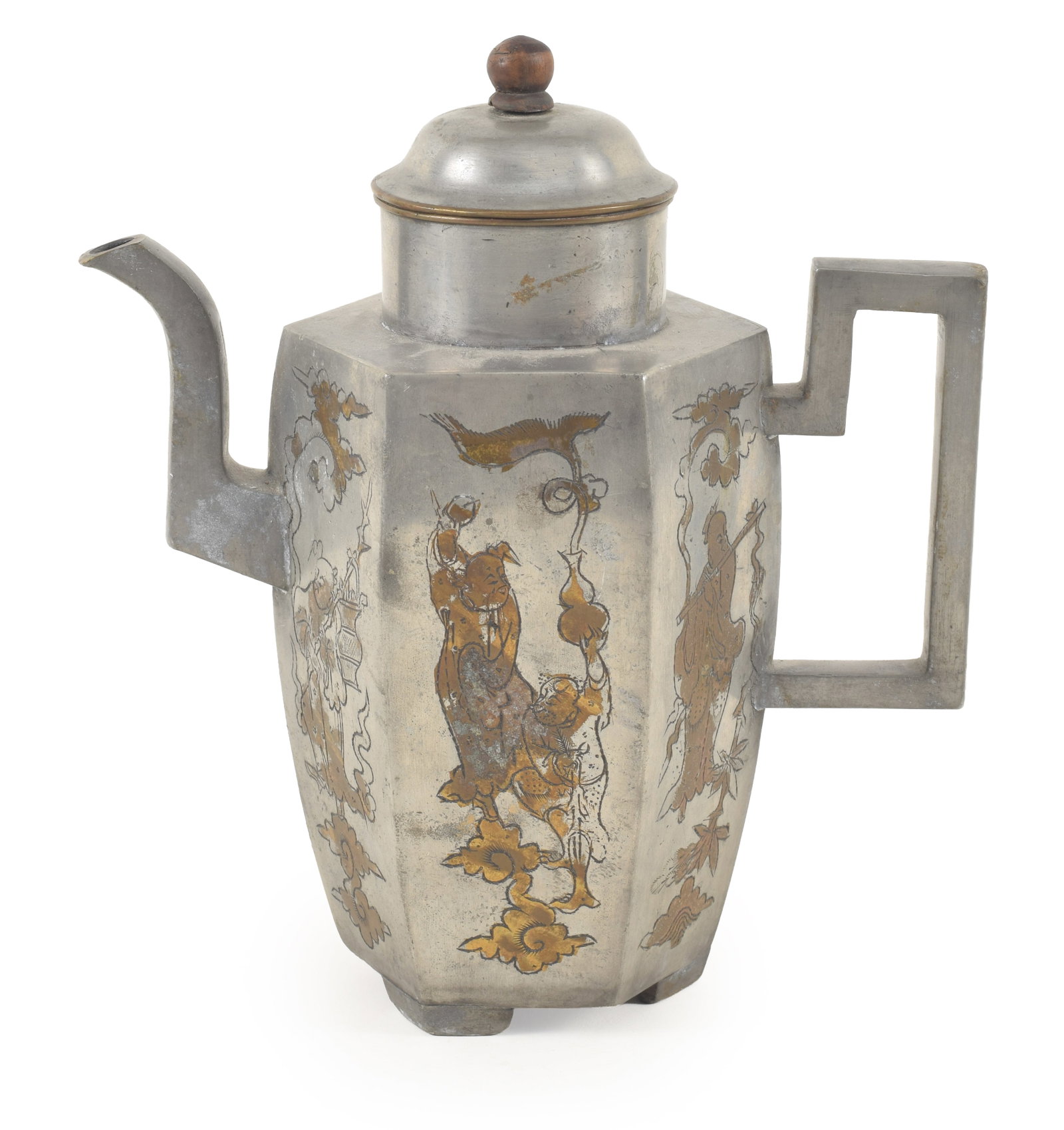 19th century Chinese brass inlaid tall pewter teapot. Figural panels. Wooden finial. 7.5in high. (1 of 7)