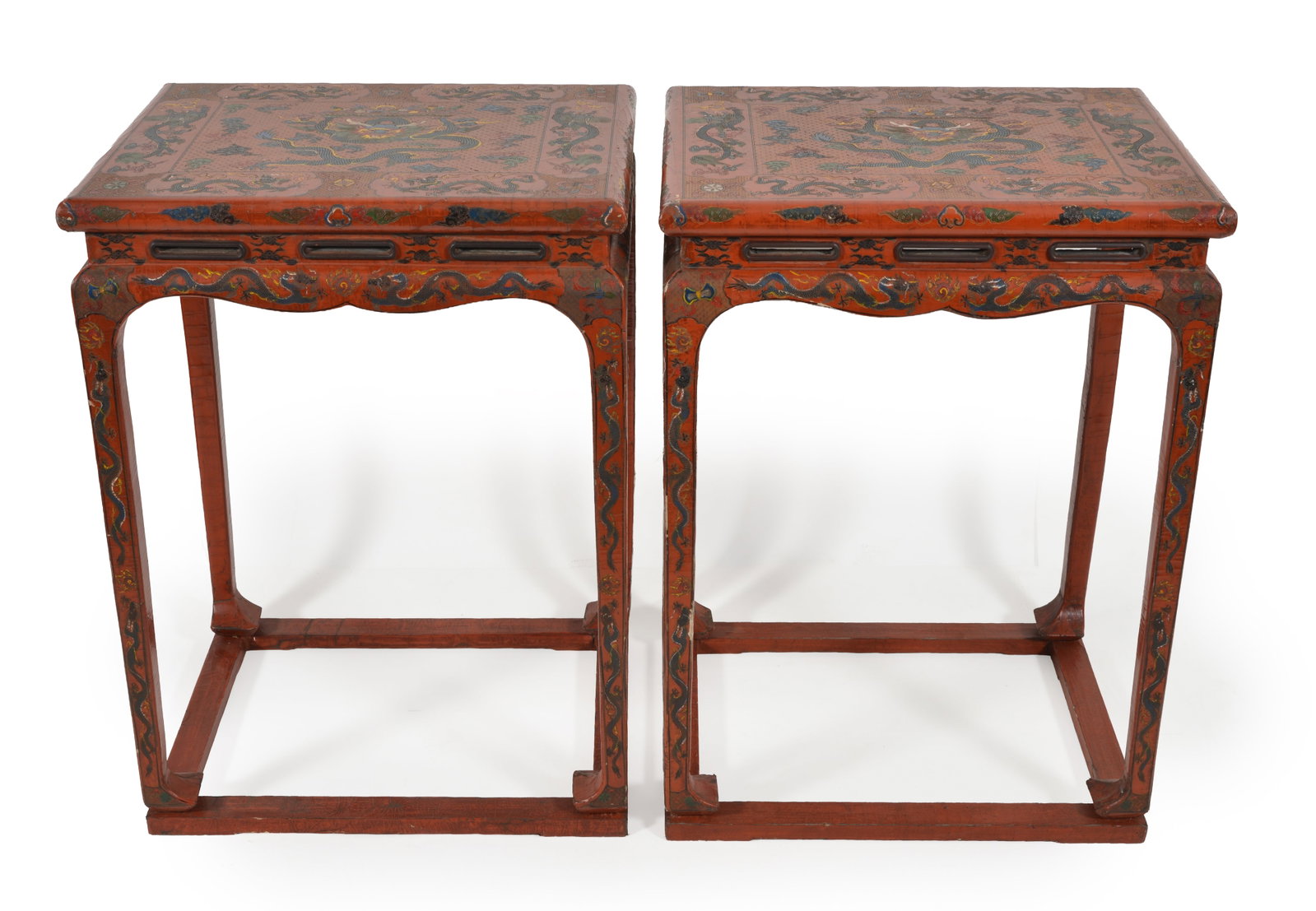 19th century or earlier Chinese persimmon ground lacquered side tables with allover dragon and cloud: 19th century or earlier Chinese persimmon ground lacquered side tables with allover dragon and cloud decoration. Ming forms. Marked underneath tops with Kang Hsi six-character marks. Top: 23 x