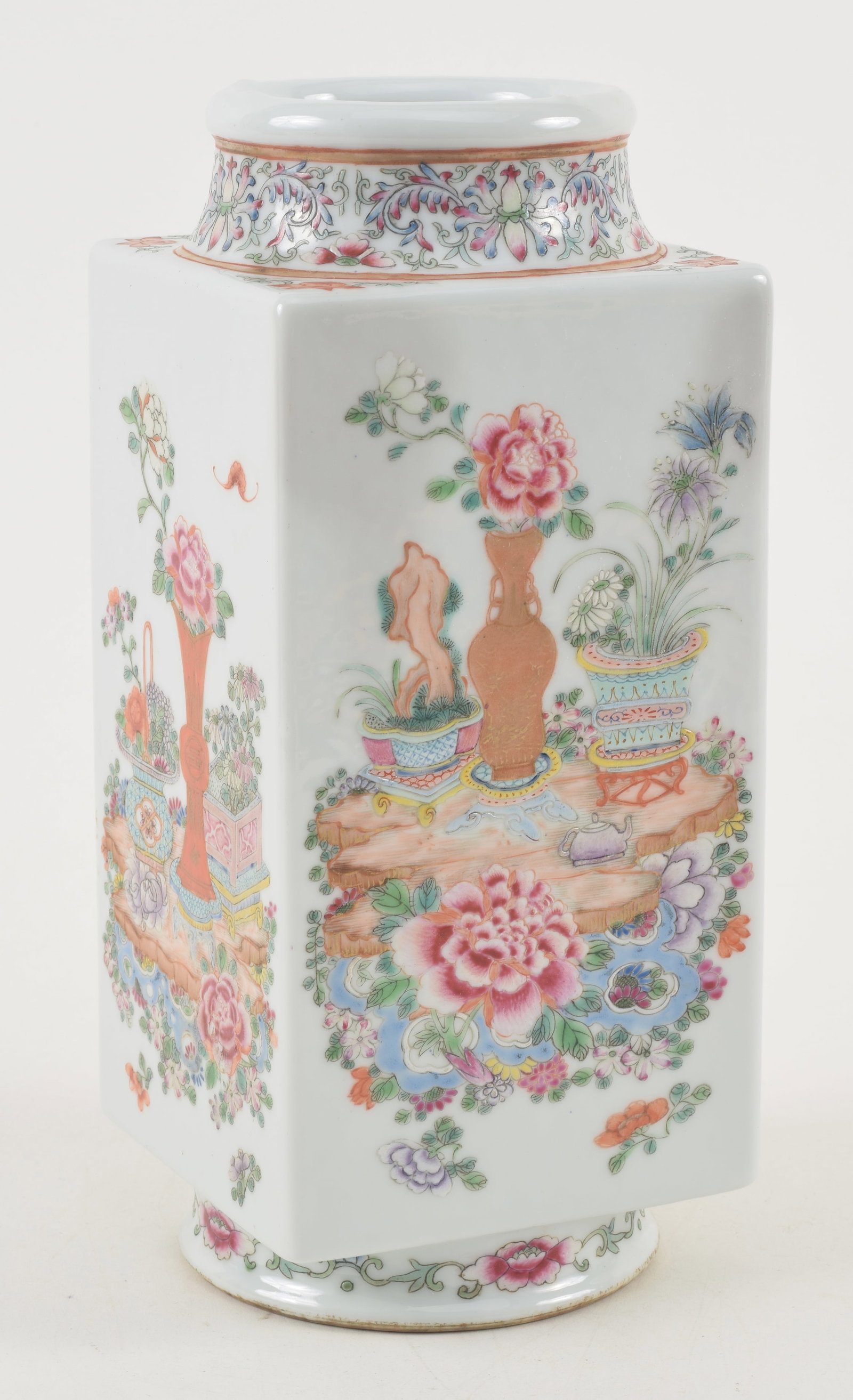 Porcelain vase. China. Late 19th century. Tsung form. Famille rose decoration of the Hundred: Porcelain vase. China. Late 19th century. Tsung form. Famille rose decoration of the Hundred Antiques and flowers. Reign mark on the base. Drilled as a lamp. 10.5in.