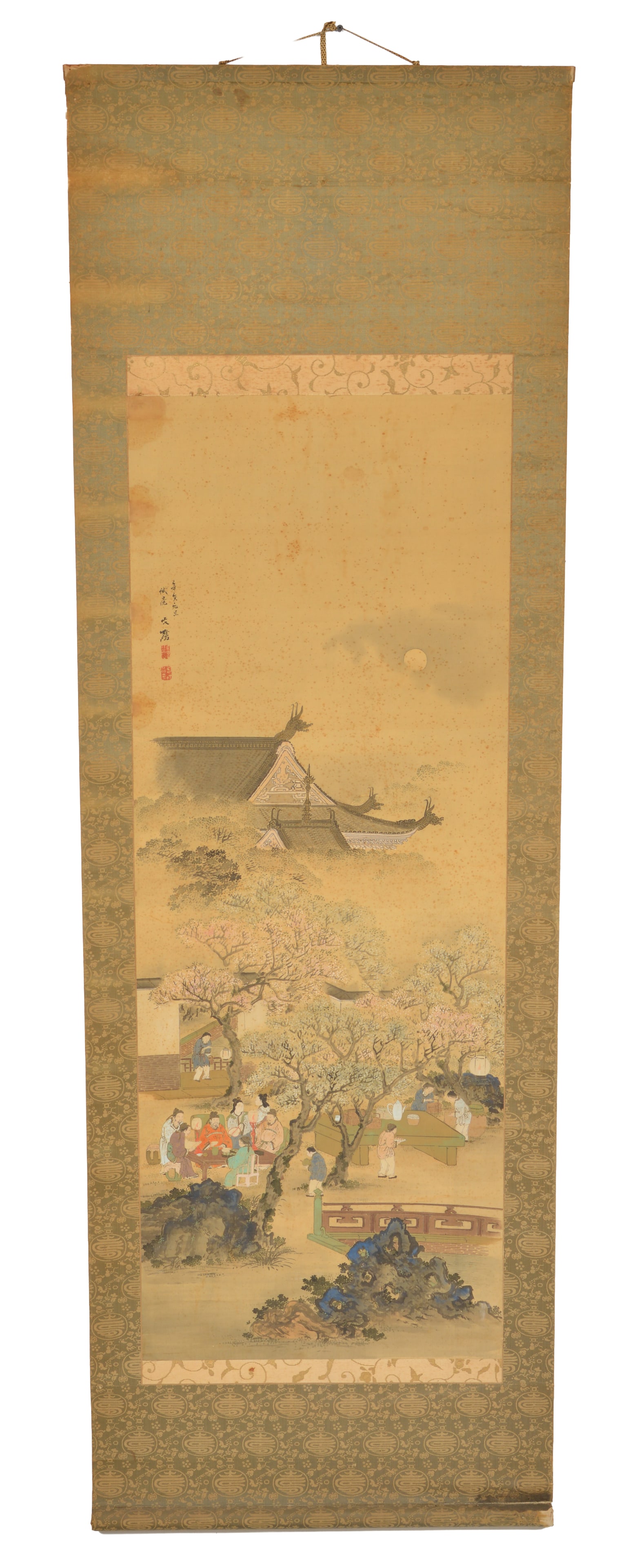 Chinese scroll painting. 19th century. Court officials in a mountain pavilion landscape. Inscription (1 of 5)