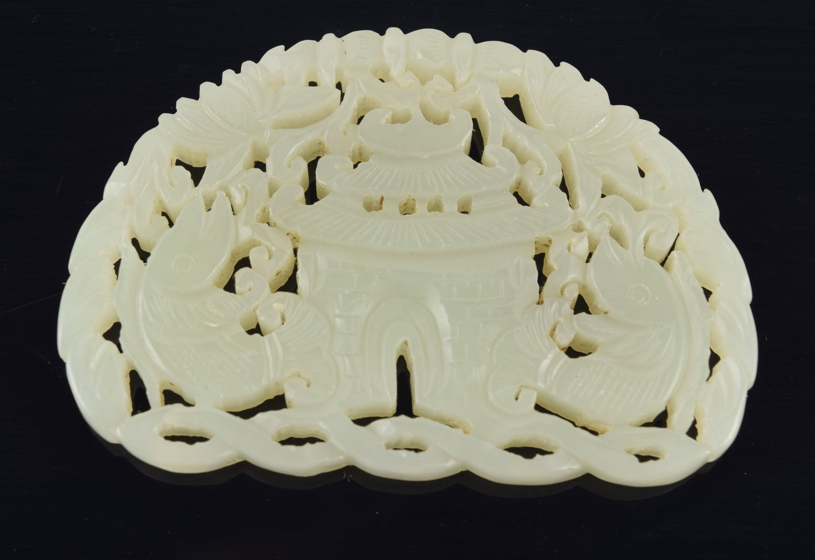 Early Chinese white jade reticulated and carved plaque. Central temple with fish carving on either (1 of 4)