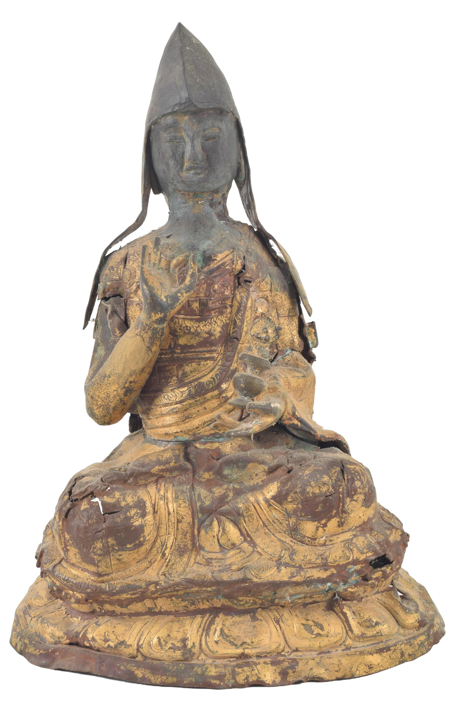 19th century or earlier Tibetan gilt repousse sheet copper figure of a seated Lama. Missing a (1 of 9)
