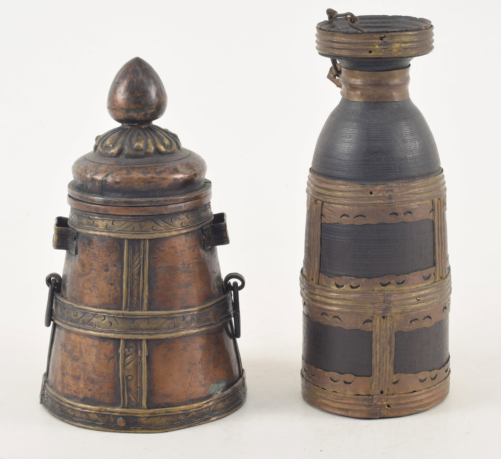 2 early Tibetan vessels. 1) Banded copper lidded vessel, possibly for yak butter. 6.5in high. 2) (1 of 8)