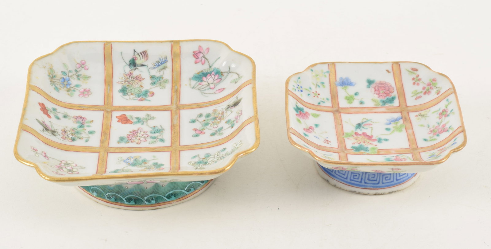 19th century Chinese porcelain footed stands. One with cut corner form with floral branch and insect: 19th century Chinese porcelain footed stands. One with cut corner form with floral branch and insect decoration. Underside with buddhist symbols and wave. Smaller with underglaze blue decoration on ba
