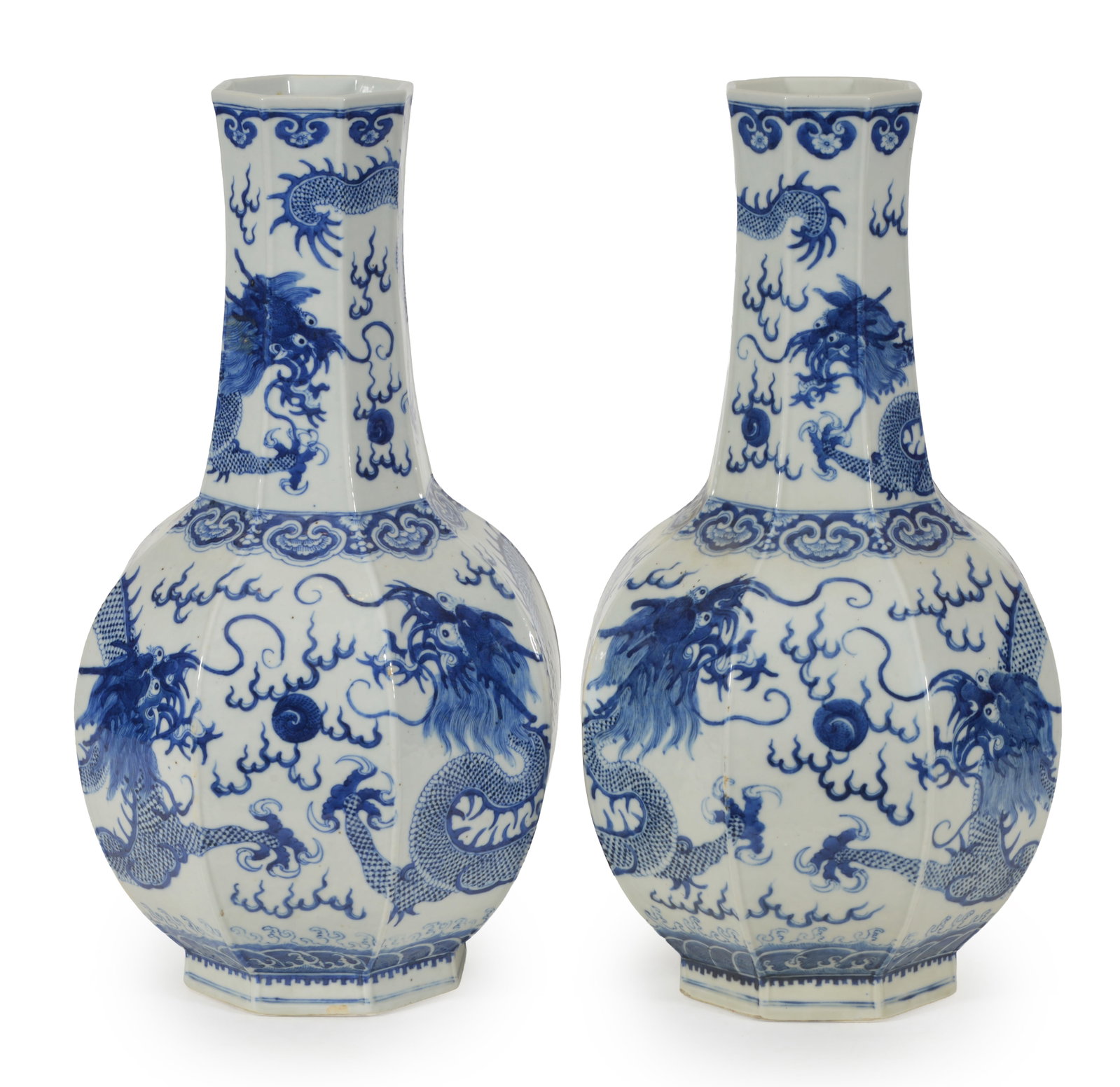 Pair of 19th century large Chinese dragon decorated blue and white octagonal bottle form porcelain (1 of 6)