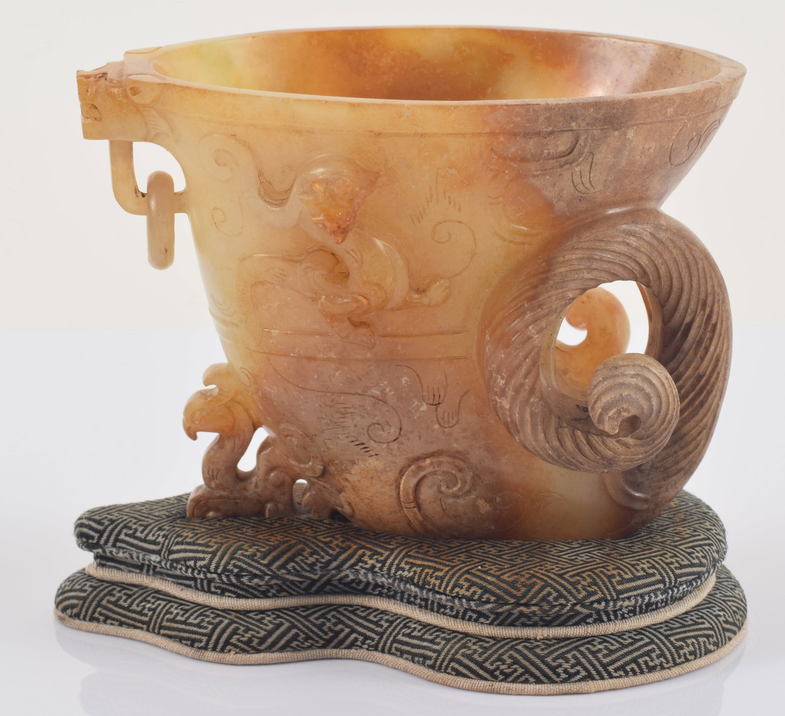 Jade cup. China. Han period (2nd BC - 2nd AD). Calcified stone. Fitted box and stand. 4 x 3.75in. (1 of 8)