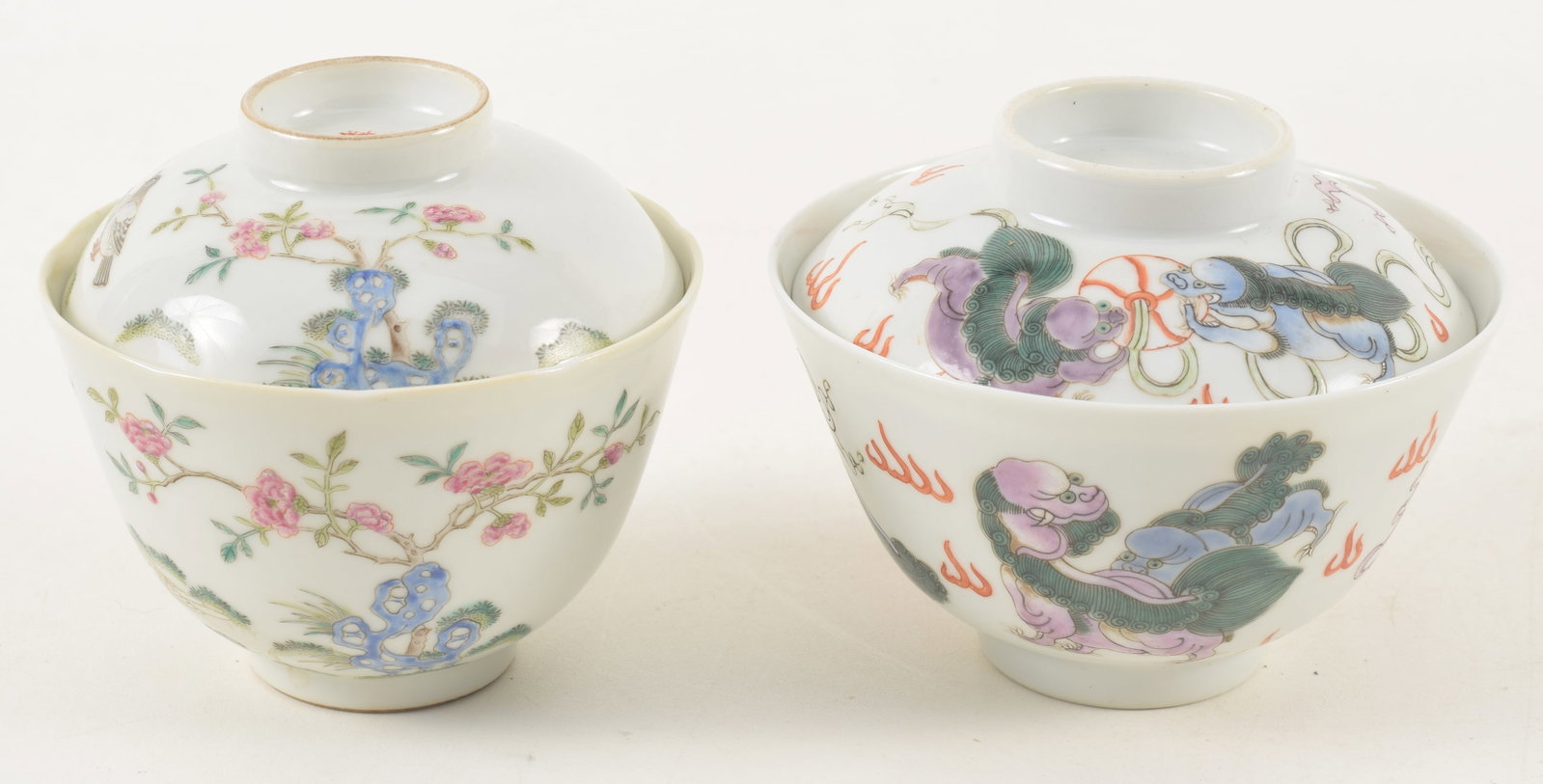 2 Chinese porcelain covered cups. One with buddhist lion decoration, the other with floral and bird (1 of 9)