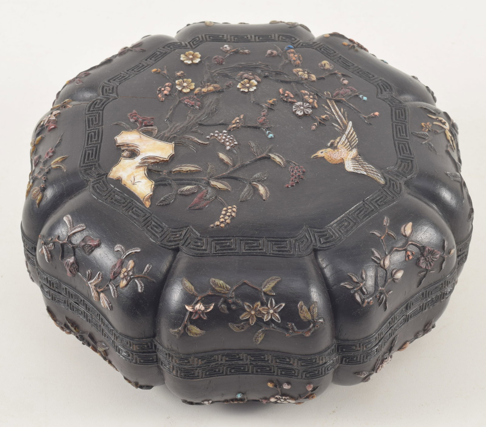 19th/20th century Chinese octagonal form inlaid hardwood covered box. Carved floral branches with (1 of 9)
