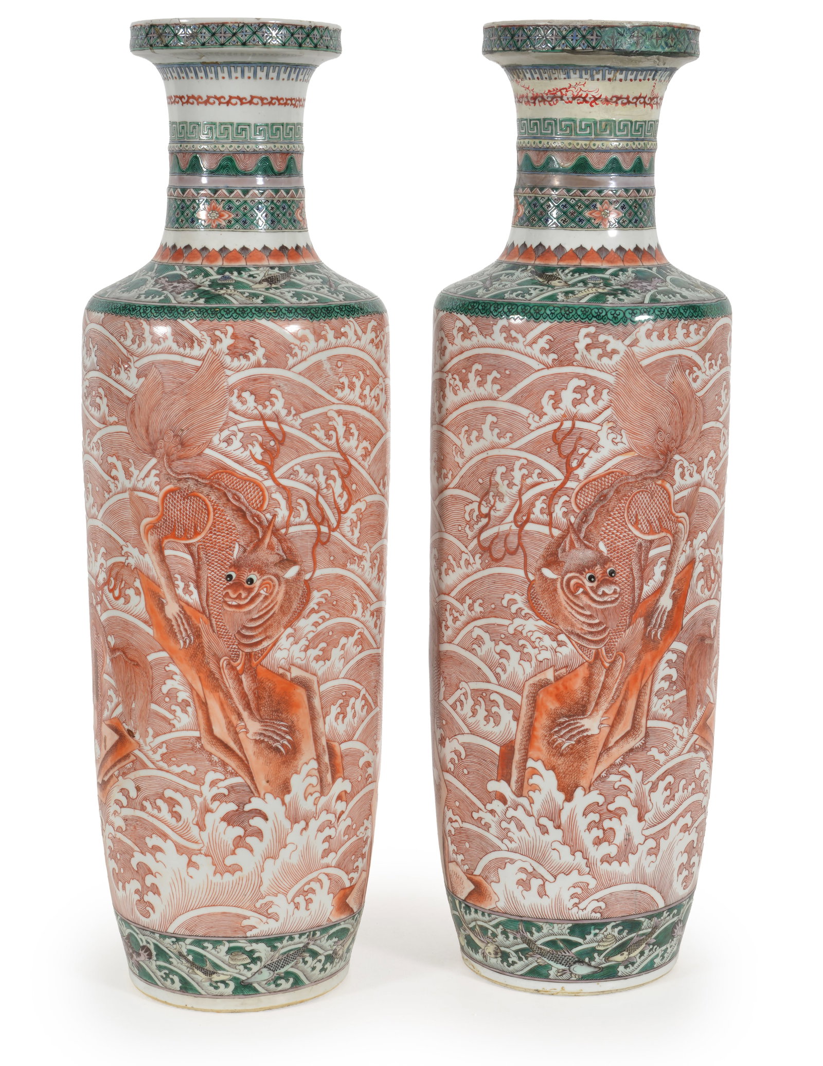 Pair of porcelain vases. China. 19th century. Rouleau form. Iron red and famille verte decoration of (1 of 12)
