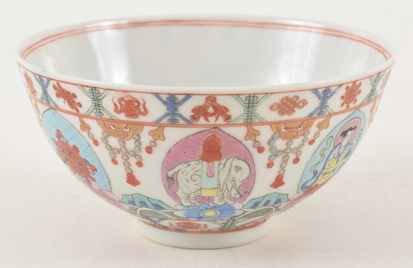 Porcelain bowl. China. 19th century. Buddhist decoration in famille rose enamels. Mongol mark. 5 x (1 of 12)