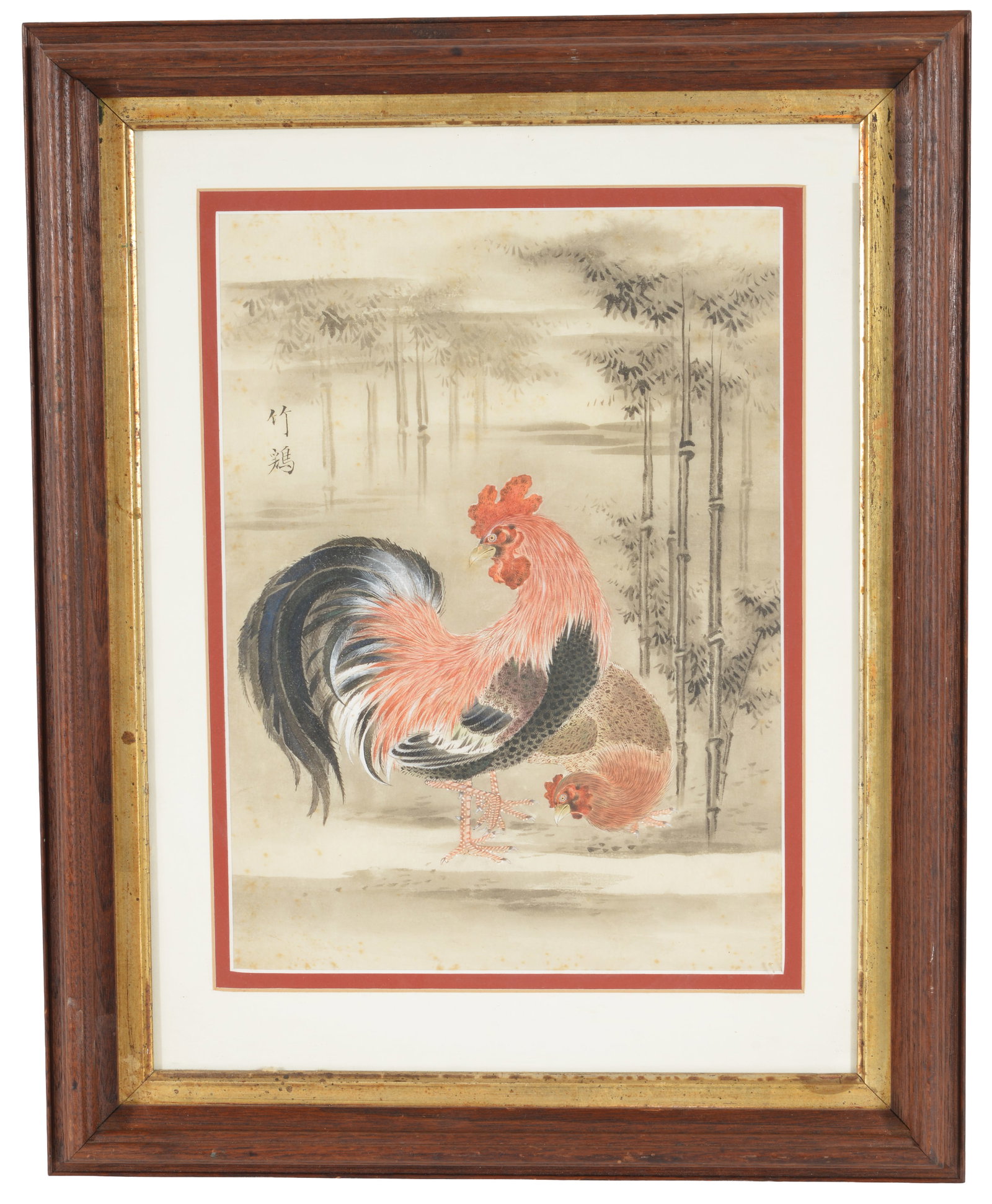 Chinese painting of a rooster in a bamboo forest.19th/early 20th century. Ink and colors on paper.: Chinese painting of a rooster in a bamboo forest.19th/early 20th century. Ink and colors on paper. Inscription upper left. Framed under glass. Foxing. Sight: 14 x 10.25in. Overall: 21.5 x 17in.