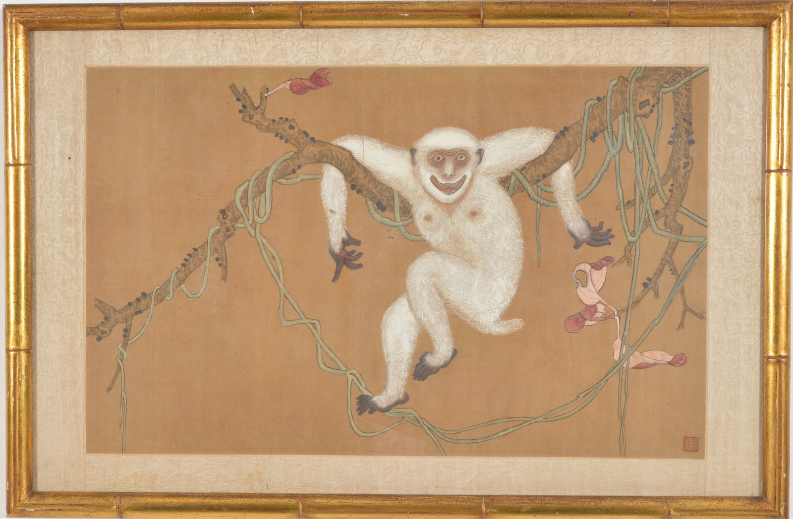 Chinese painting. 20th century. Gibbon hanging from a flowering branch. In the style of Shanzi: Chinese painting. 20th century. Gibbon hanging from a flowering branch. In the style of Shanzi Zhang. Seal lower right. Ink and colors on silk. Framed under glass. Sight: 14 x 22.5in. Overall: 19 x 29