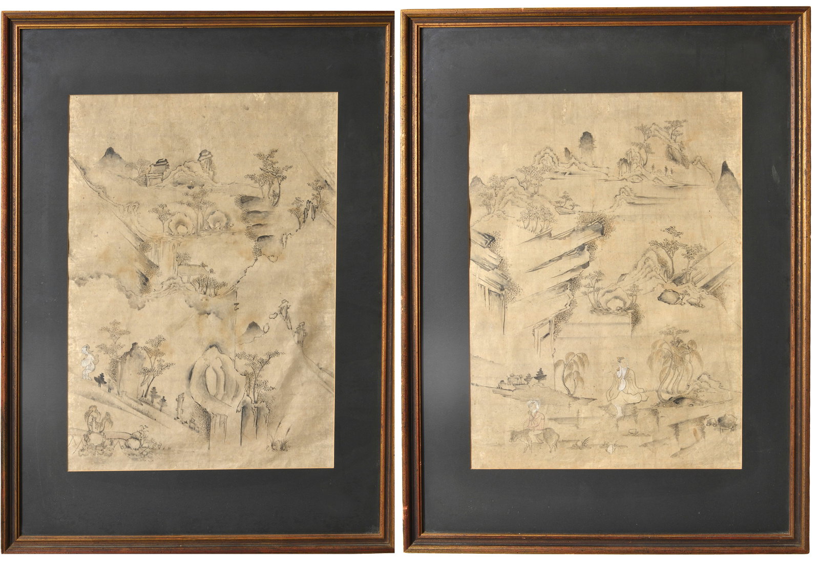 2 19th century Chinese scroll paintings. Ink and gouache on paper. Mountain landscapes. Framed under (1 of 4)
