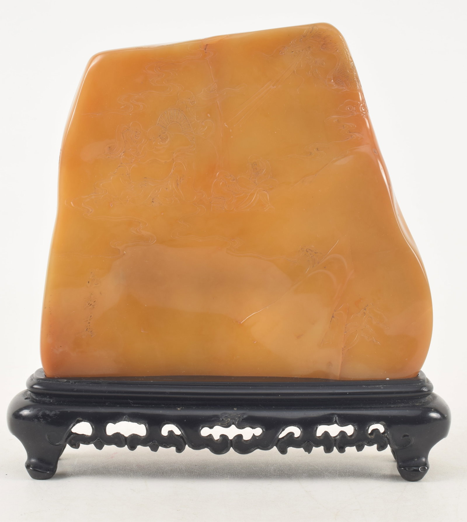20th century Chinese Shoushan type yellow stone plaque with luohan and dragon carved decoration. (1 of 6)