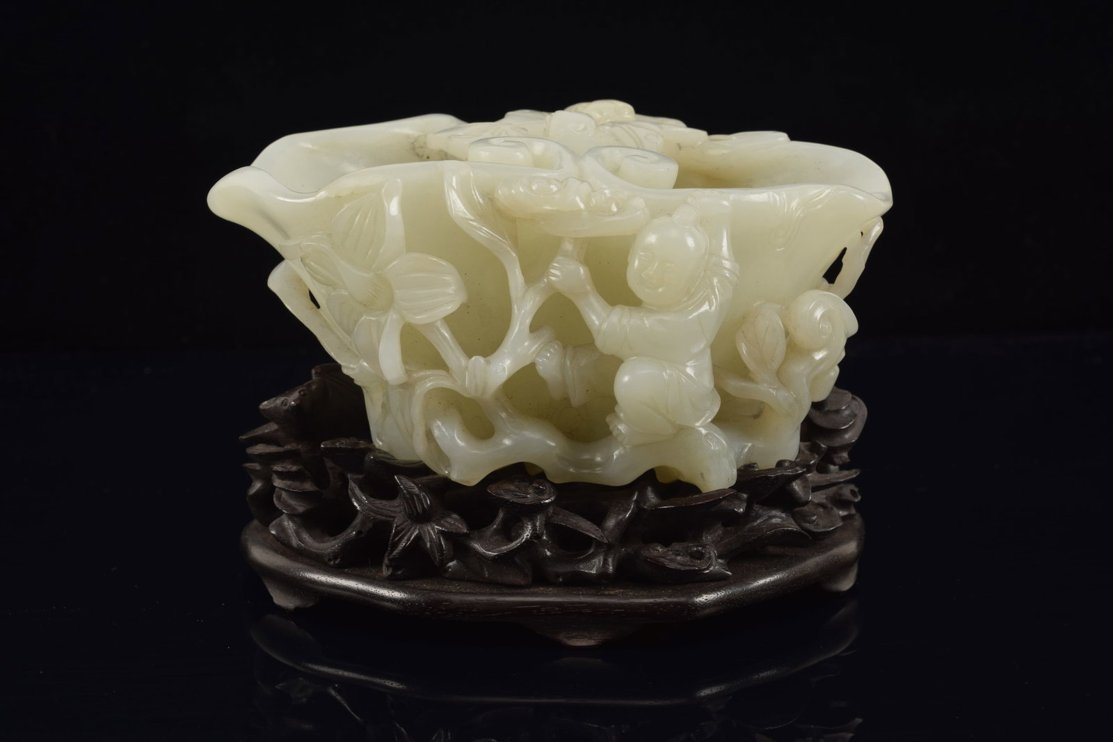 Jade coupe. China. 18th century. White stone carved with children, ling chih and bats. 4.75x 2in. (1 of 8)
