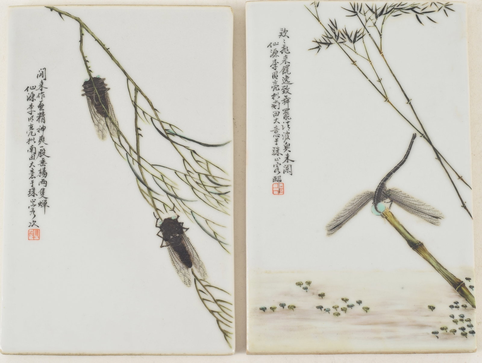 Pair of porcelain plaques. China. Ca. 1930. Decorated with dragonflies and cicadas with (1 of 5)
