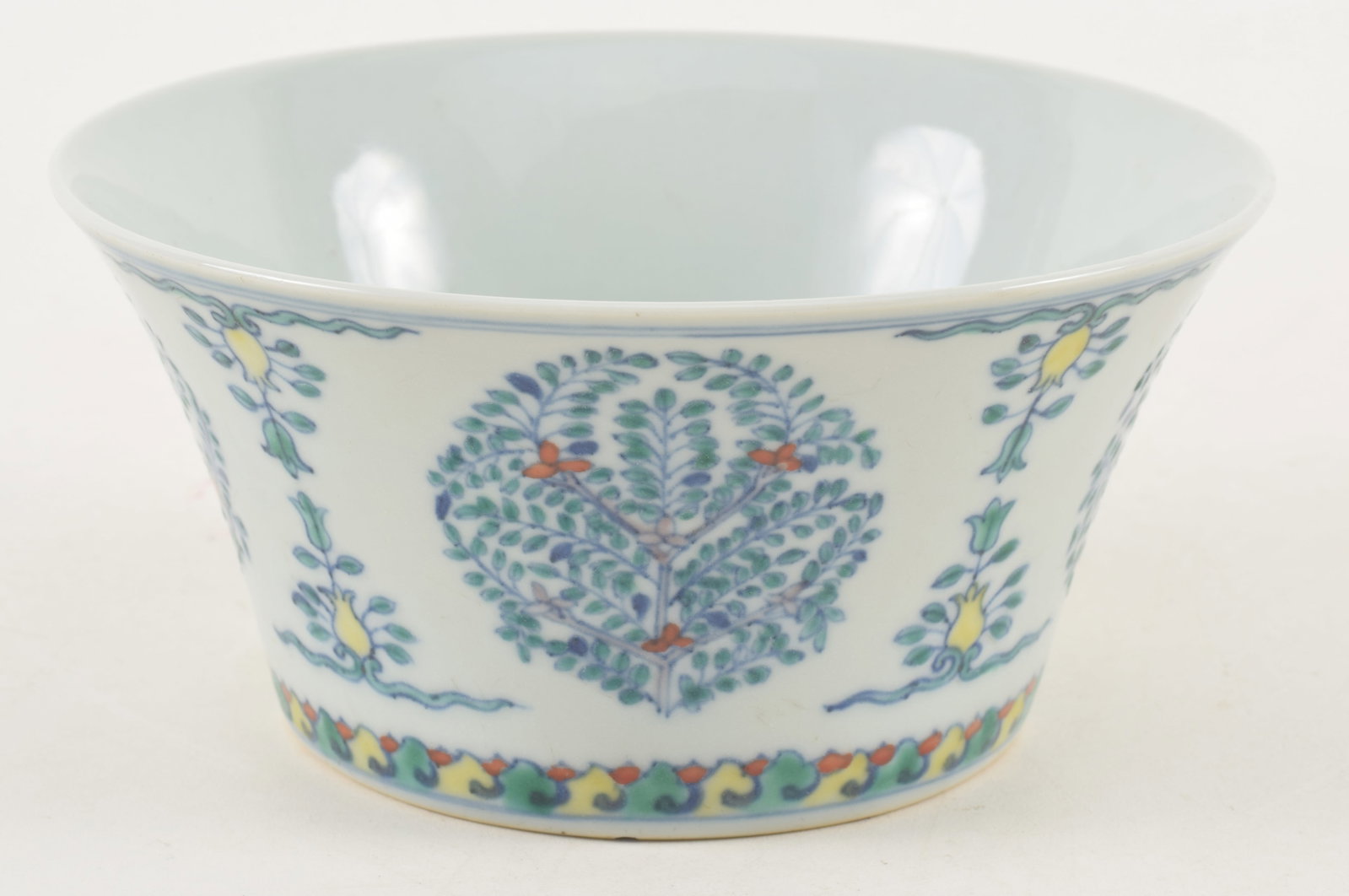 Chinese 20th century doucai flared porcelain bowl. Hallmarked on base. Chia Cheng mark. 5.75in wide. (1 of 6)