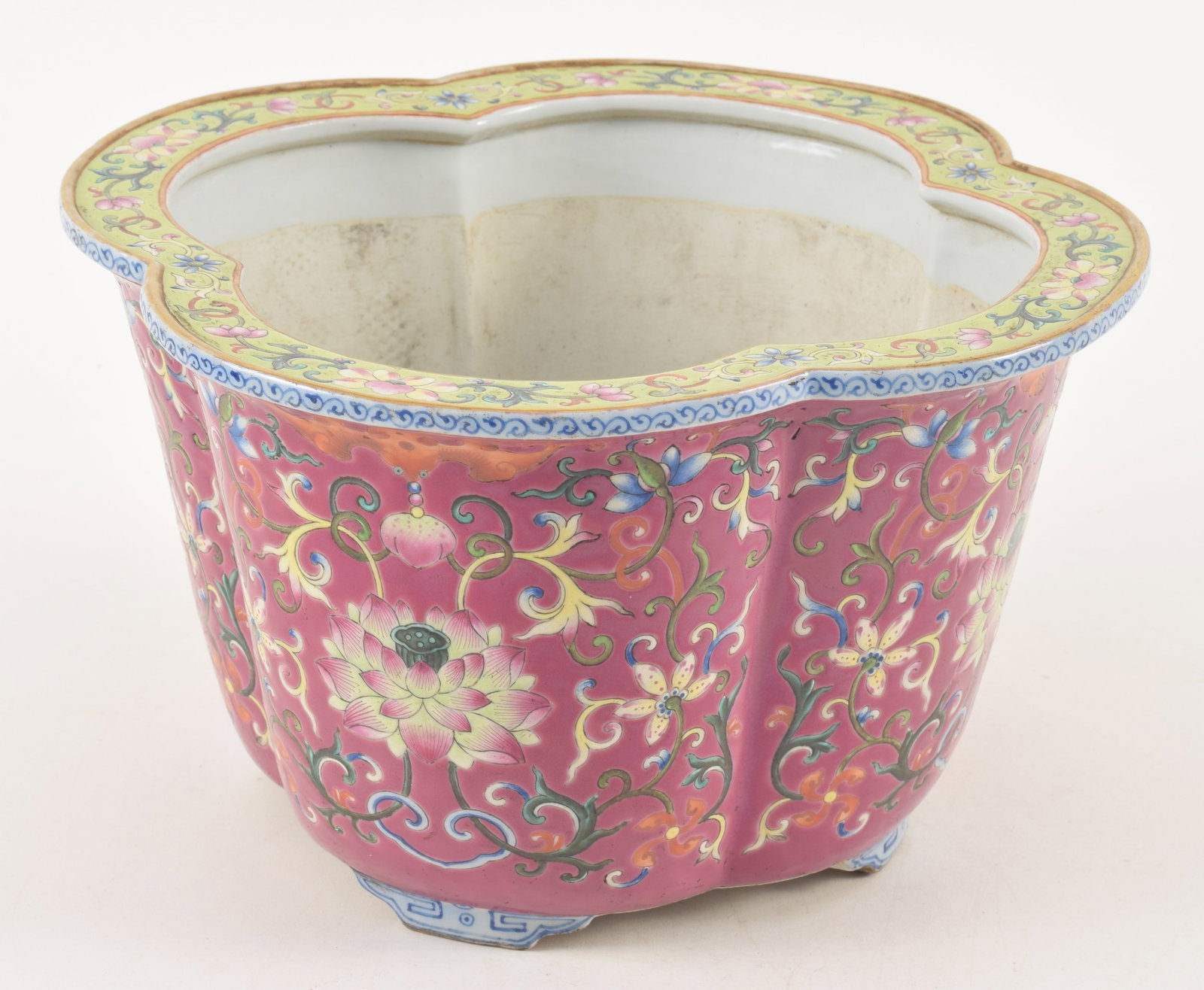 19th century Chinese plum ground famille rose decorated shaped porcelain footed planter. Floral (1 of 7)