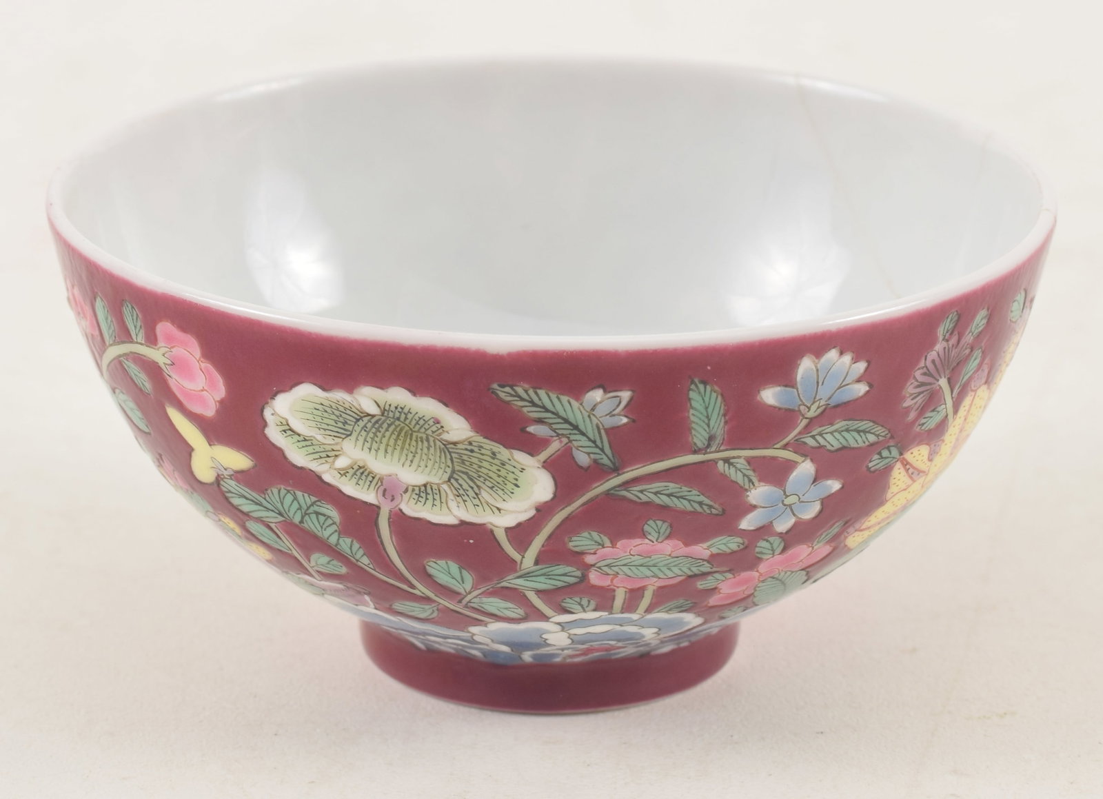 Chinese ruby ground fine thin porcelain small cup. Floral enamel decoration. Yung Cheng seal mark on (1 of 6)