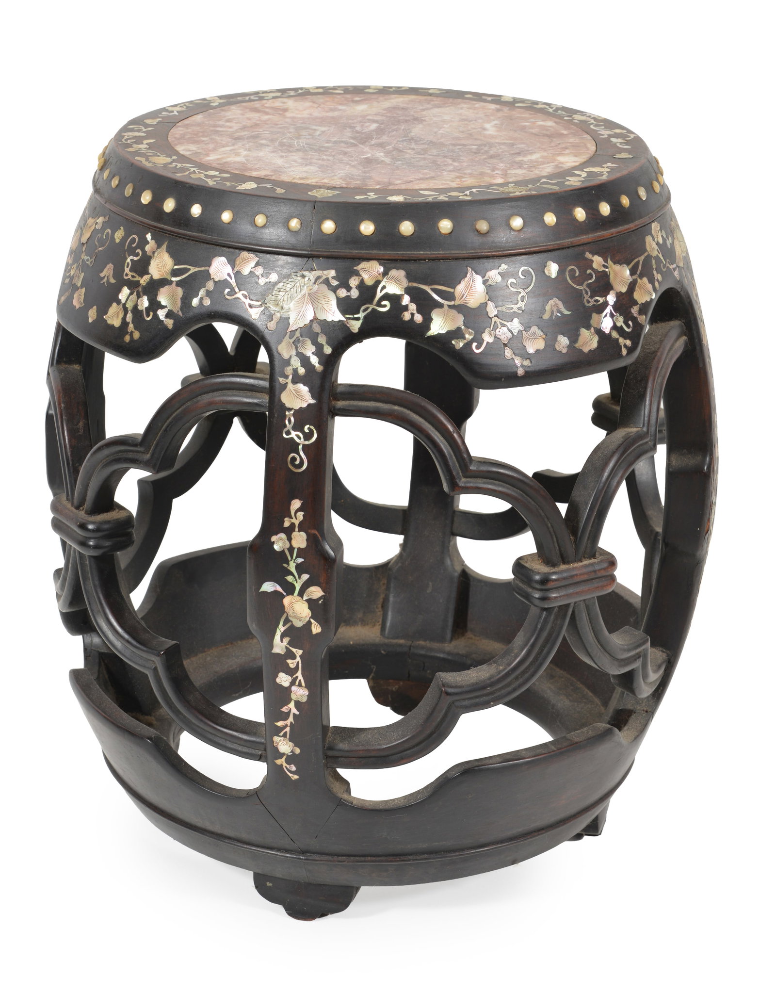 Reticulated hardwood barrel seat. China. Pink marble inset top. Mother of pearl floral vine inlay (1 of 4)